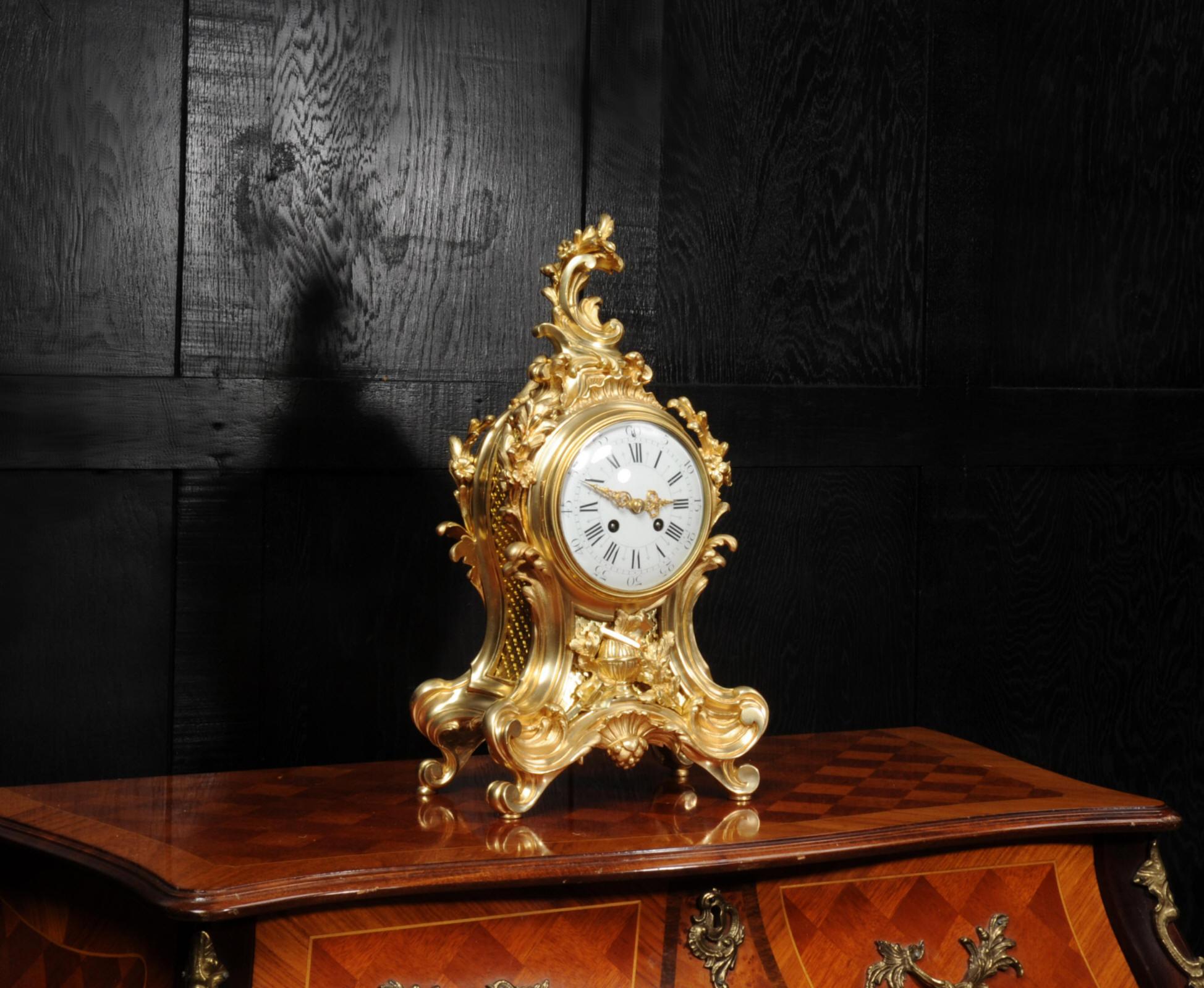 French Fine Louis Japy Gilt Bronze Ormolu Rococo Table Clock