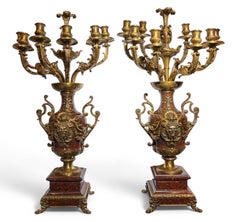 Fine Louis VX Style Rouge Marble Centerpiece and Candelabra Set by F.Barbedienne