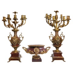 Fine Louis VX Style Rouge Marble Centerpiece and Candelabra Set by F.Barbedienne
