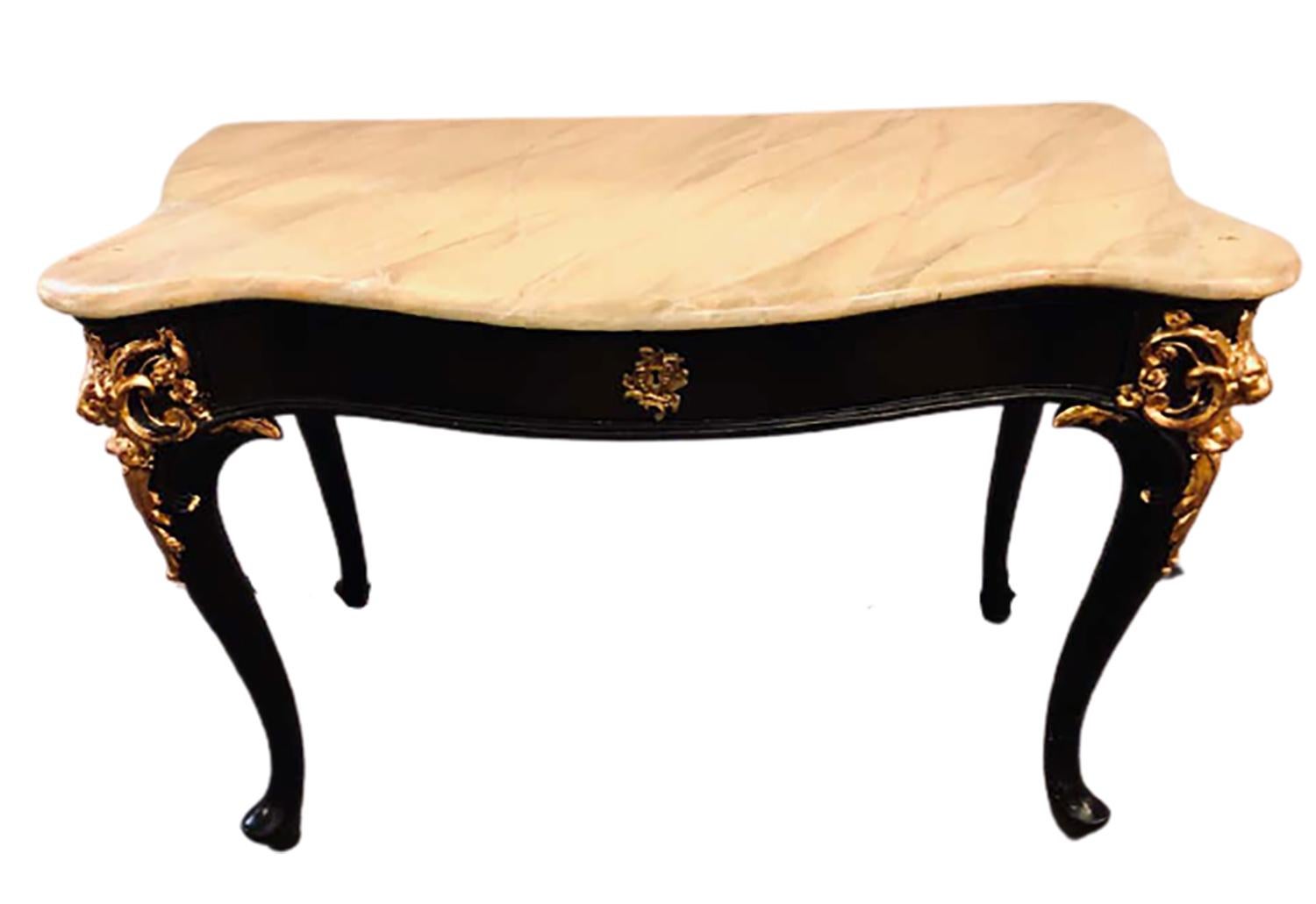 Hollywood Regency Fine Louis XV Style Ebony and Parcel Gilt Desk or Console or Serving Table