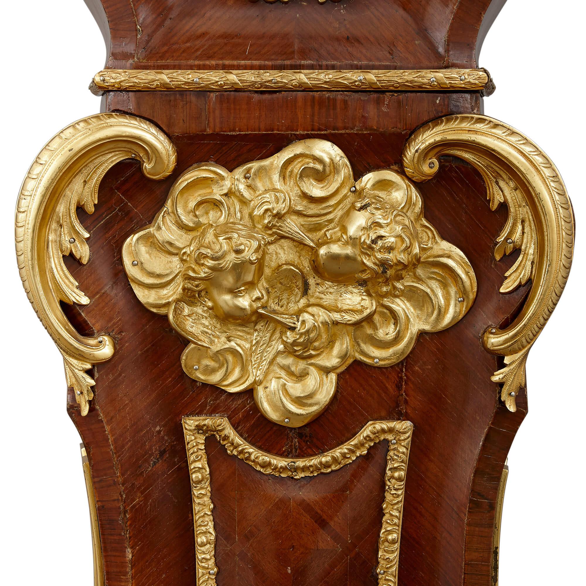 Parquetry Fine Louis XV Style Ormolu Mounted Long Case Clock by Lenoir, Paris For Sale