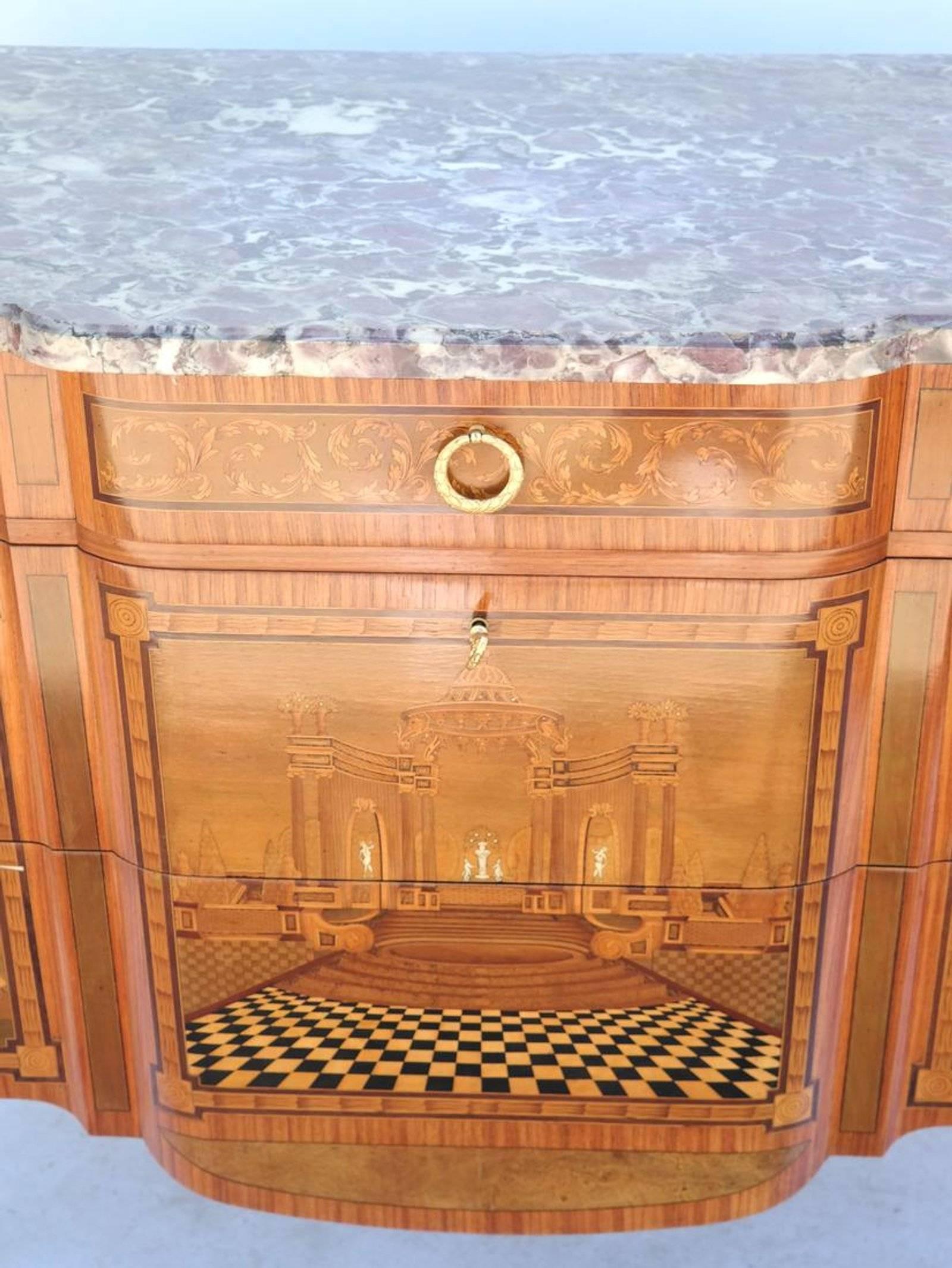 Louis XVI Fine Louis XV-XVI Style Transitional Marquetry Inlaid Commode with Marble Top For Sale