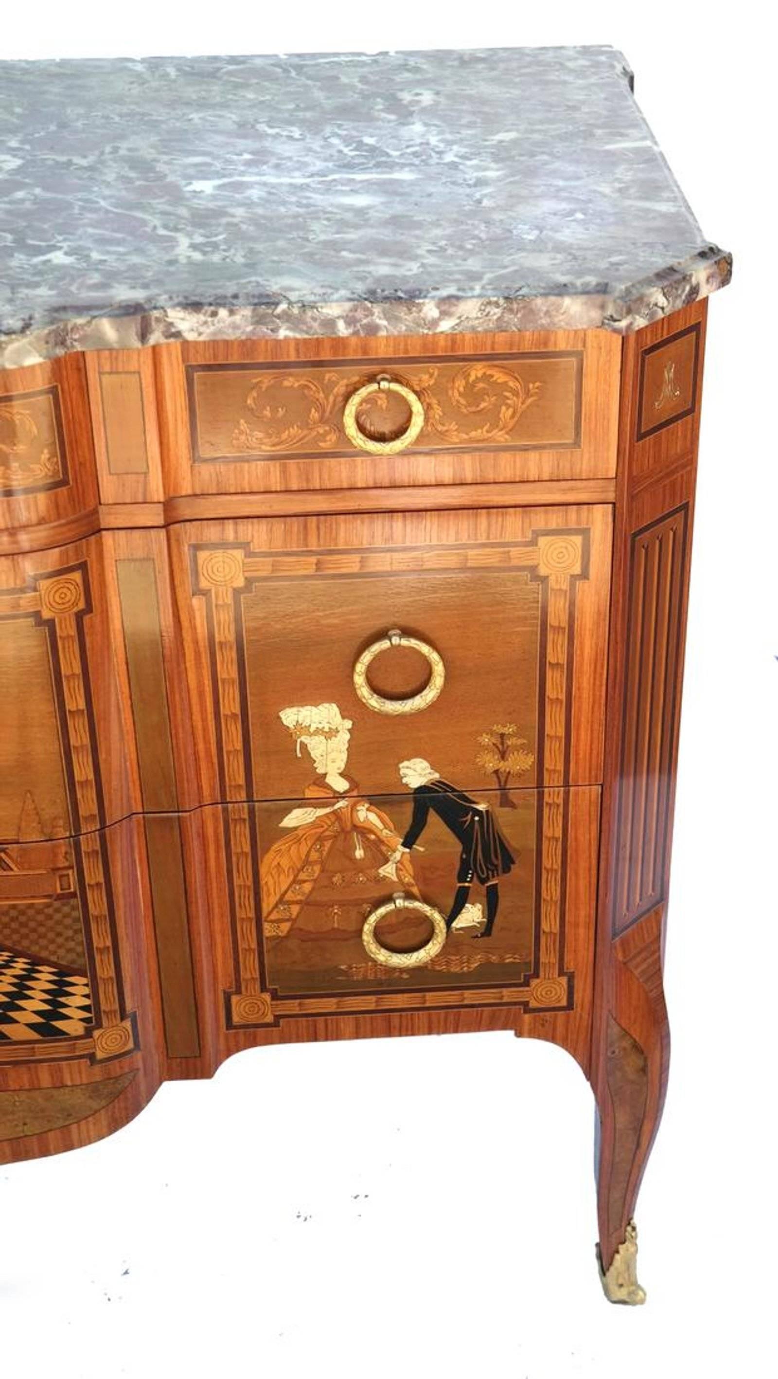 French Fine Louis XV-XVI Style Transitional Marquetry Inlaid Commode with Marble Top For Sale