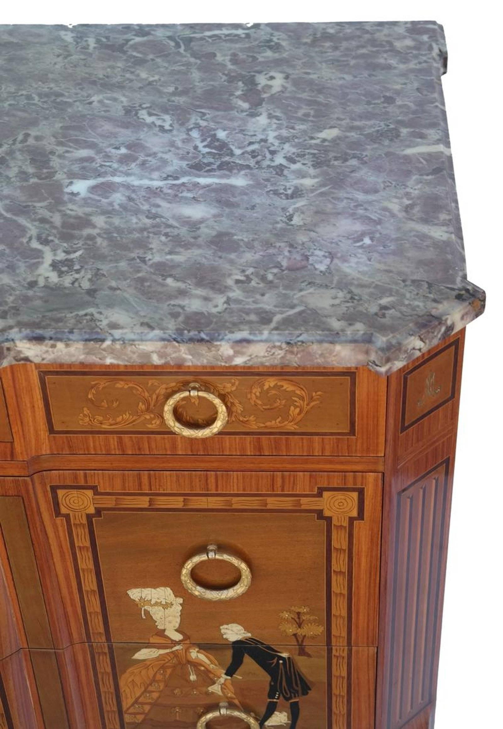 19th Century Fine Louis XV-XVI Style Transitional Marquetry Inlaid Commode with Marble Top For Sale