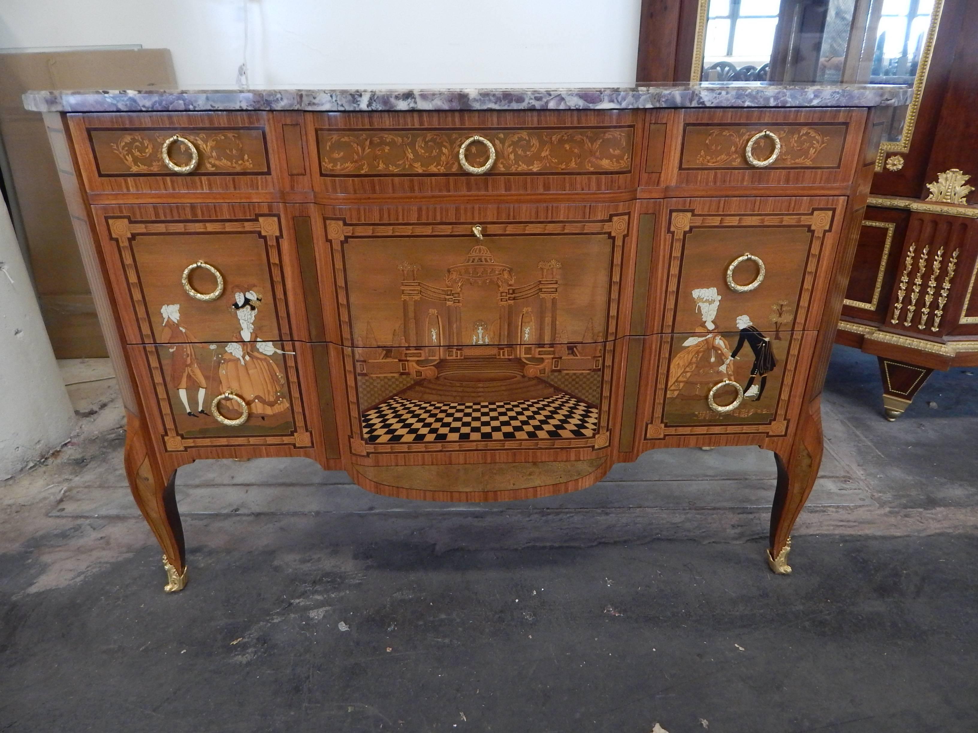 Fine Louis XV-XVI Style Transitional Marquetry Inlaid Commode with Marble Top For Sale 2