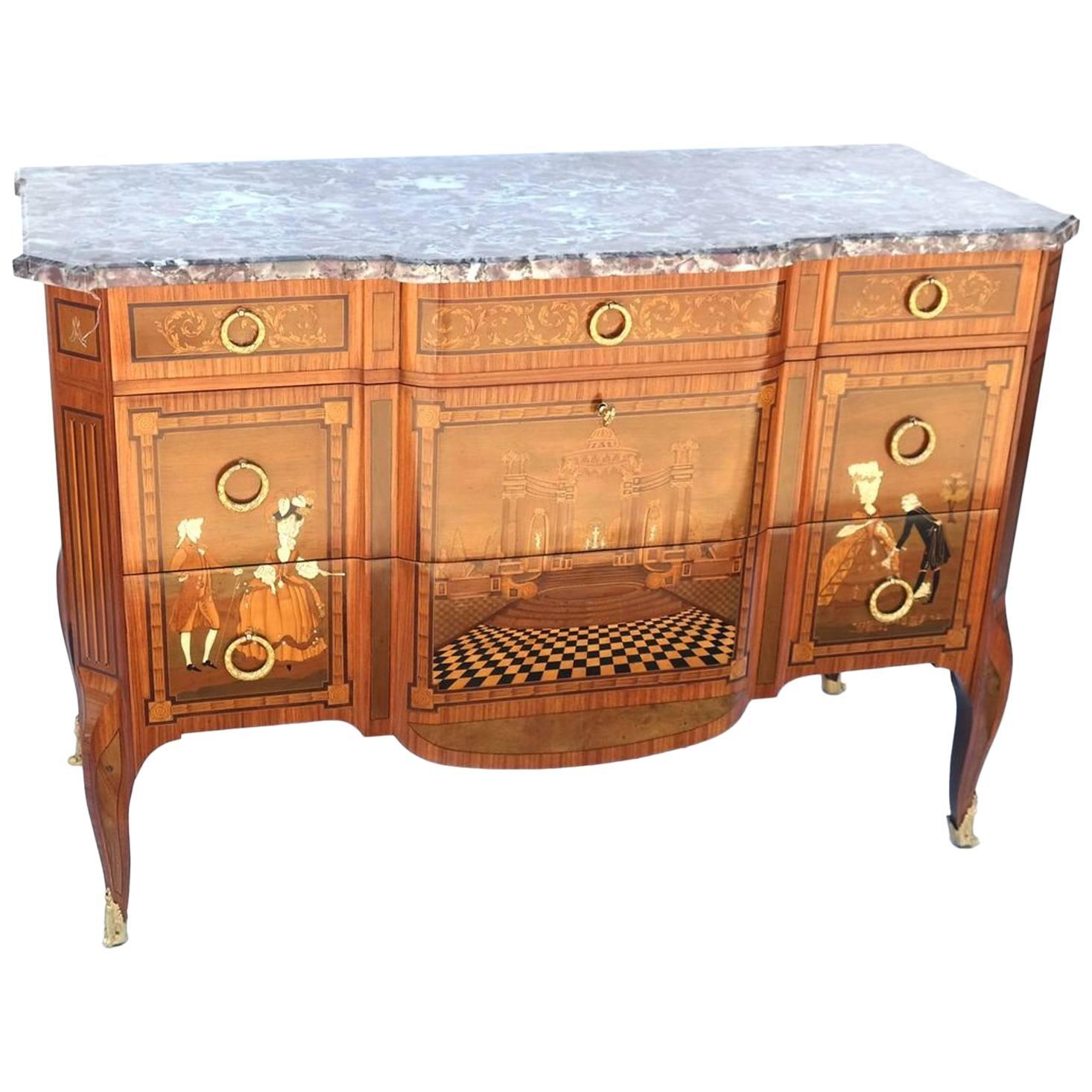 Fine Louis XV-XVI Style Transitional Marquetry Inlaid Commode with Marble Top For Sale