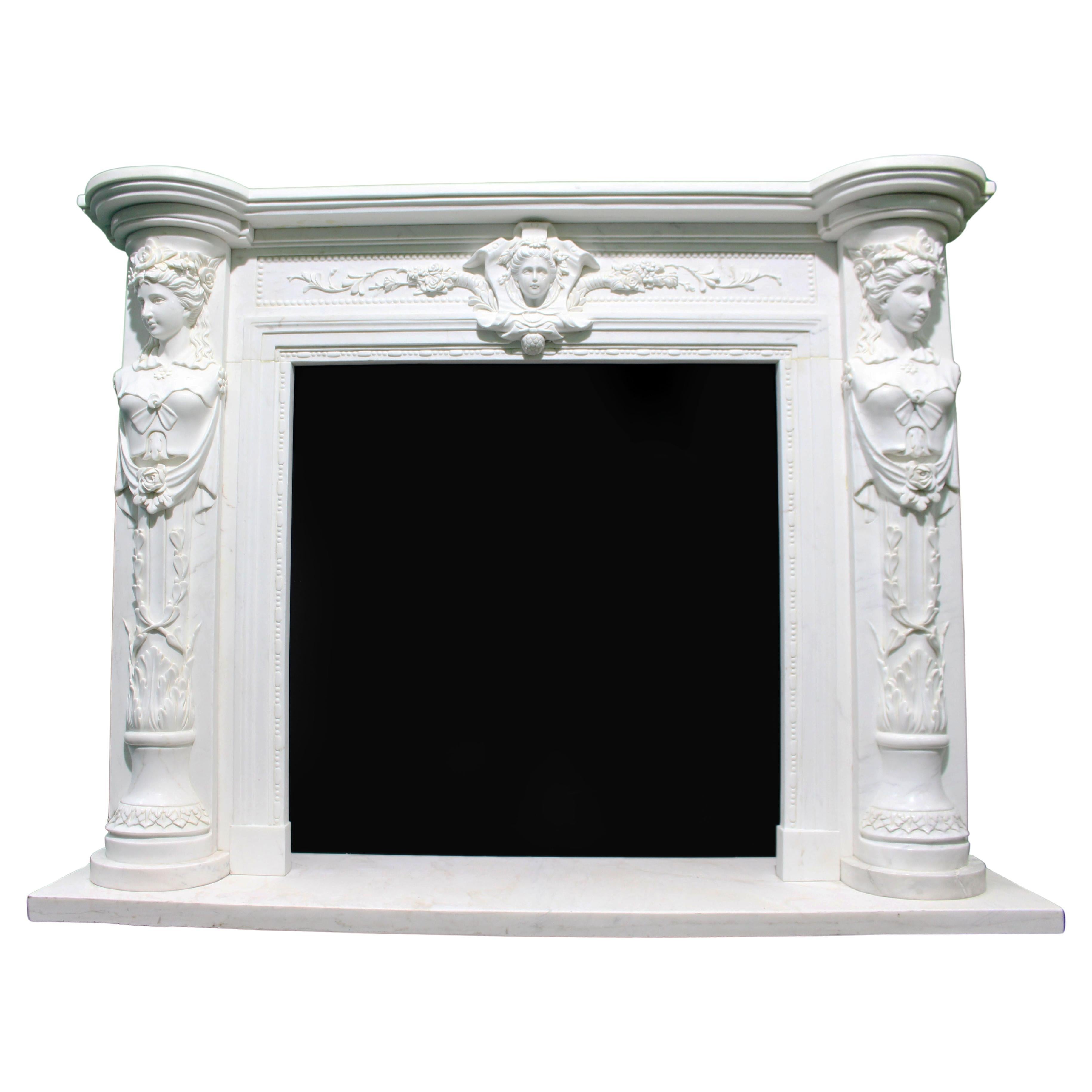 Fine Louis XVI Style Carved White Marble Fireplace Surround with Caryatid Figure