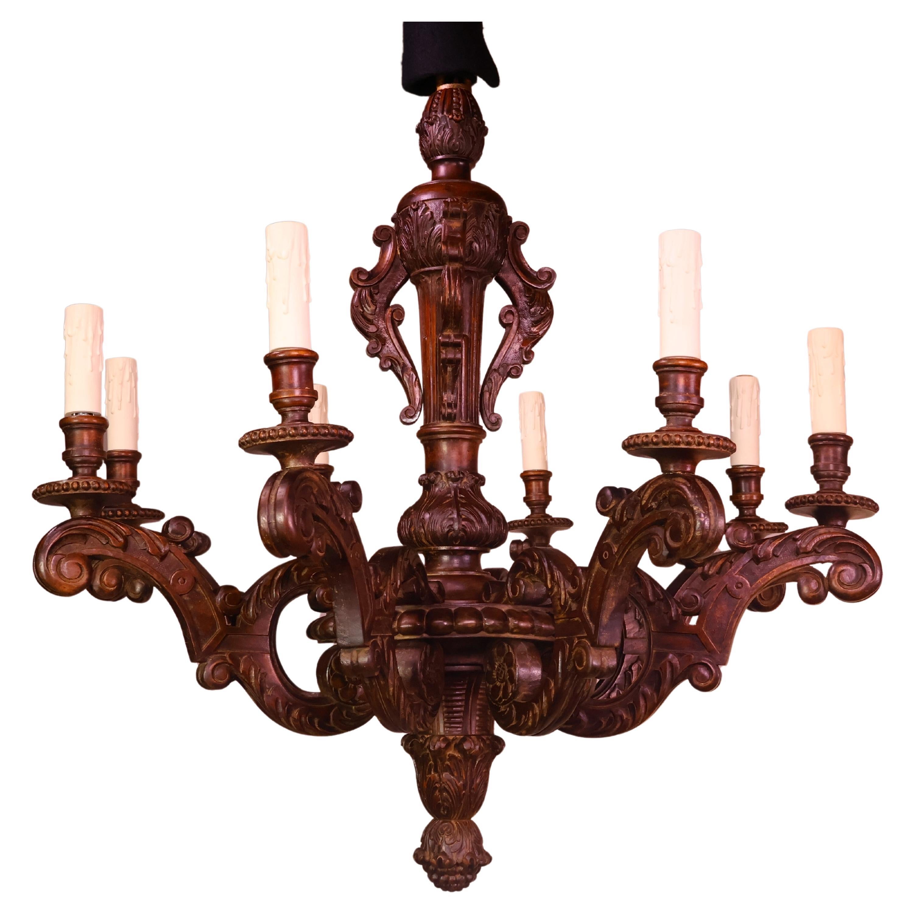 Fine Louis XVI style Carved Wood Chandelier For Sale