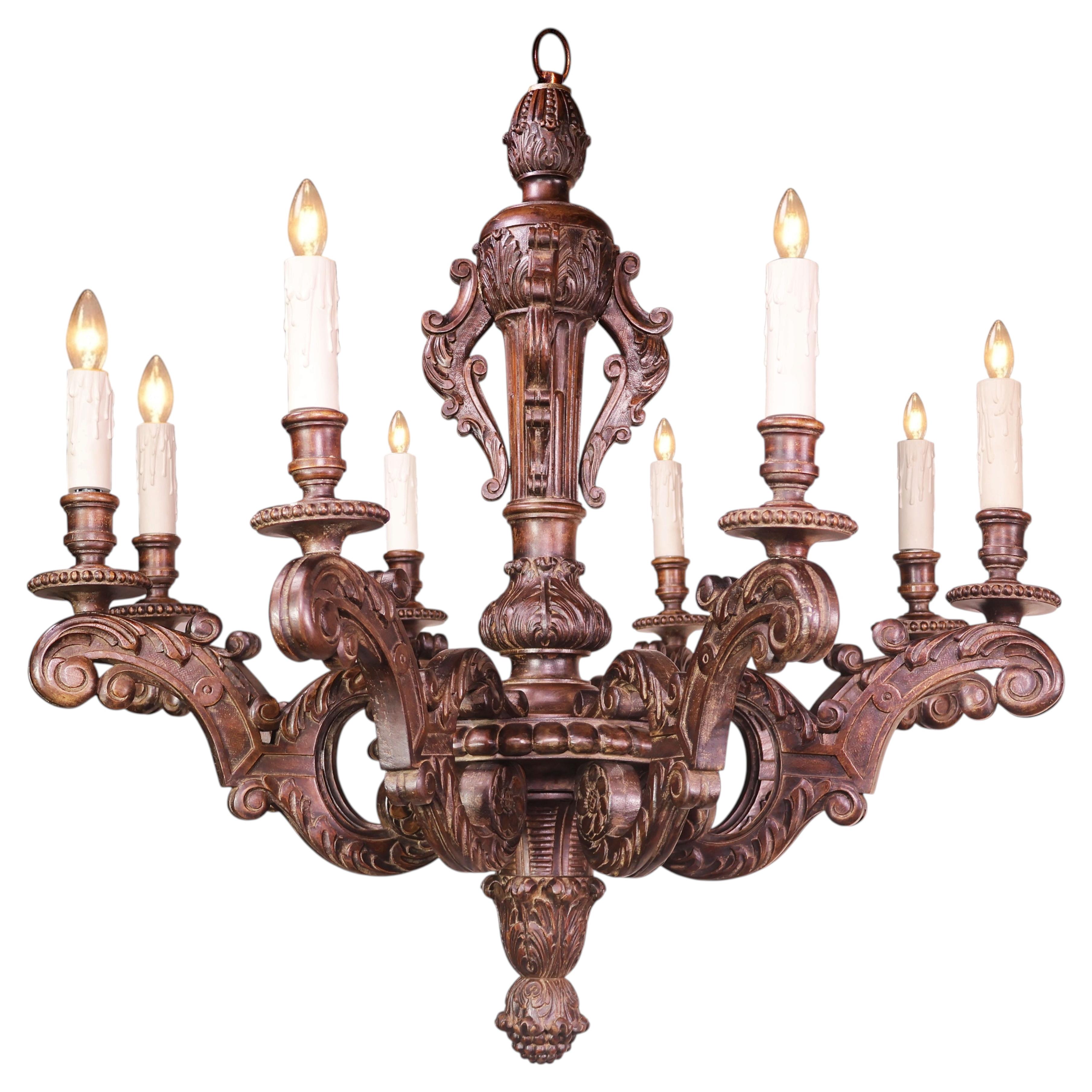 Fine Louis XVI style Carved Wood Chandelier For Sale
