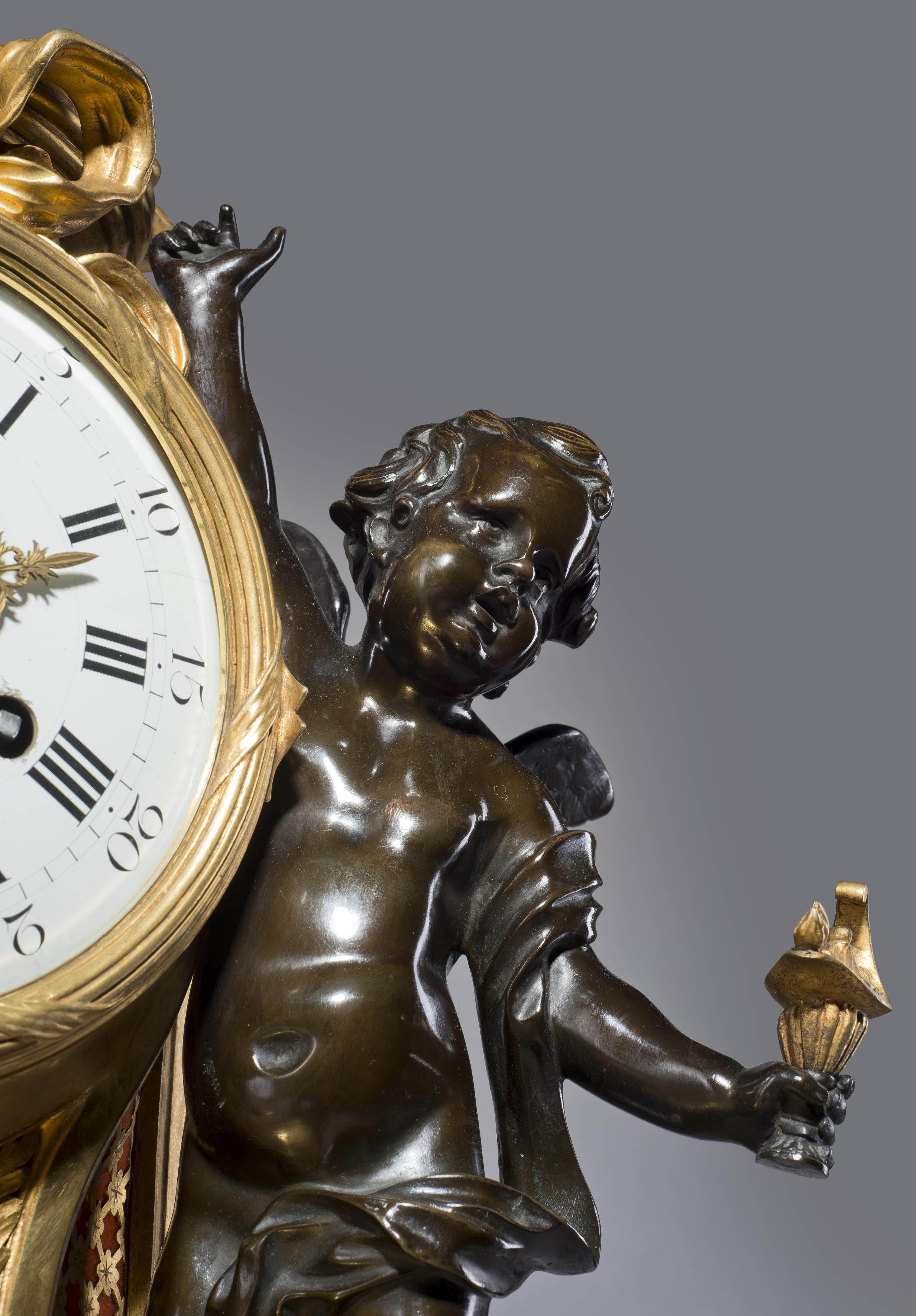 French Fine Louis XVI Style Gilt and Patinated Bronze Figural Clock, circa 1870 For Sale