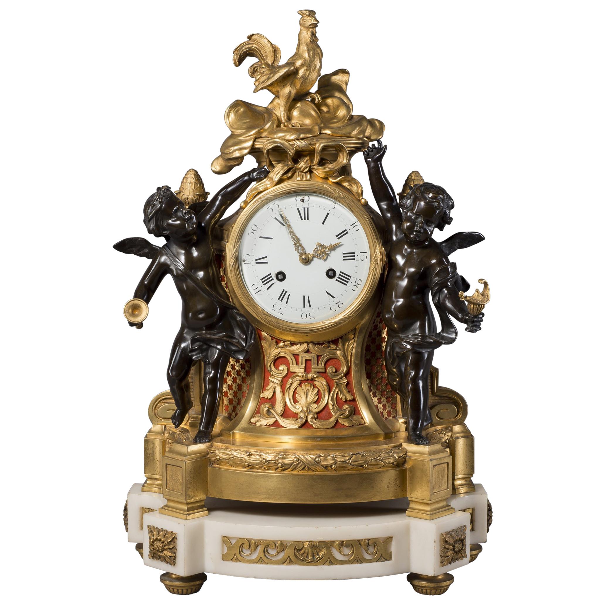 Fine Louis XVI Style Gilt and Patinated Bronze Figural Clock, circa 1870 For Sale