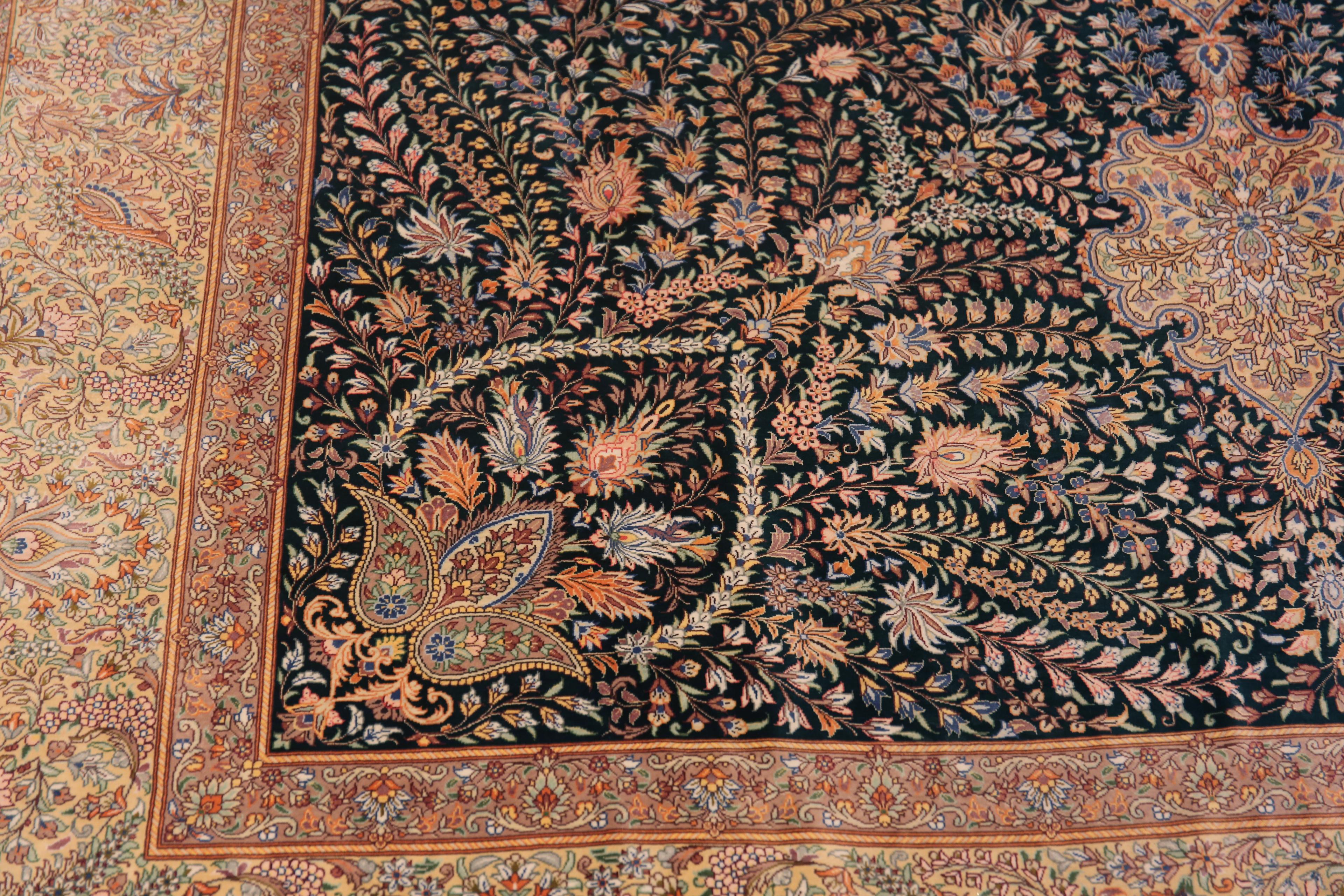 Breathtaking Fine Luxurious Intricate Floral Design Vintage Persian Silk Qum Rug, country of origin: Persian Rugs, Circa date: Vintage