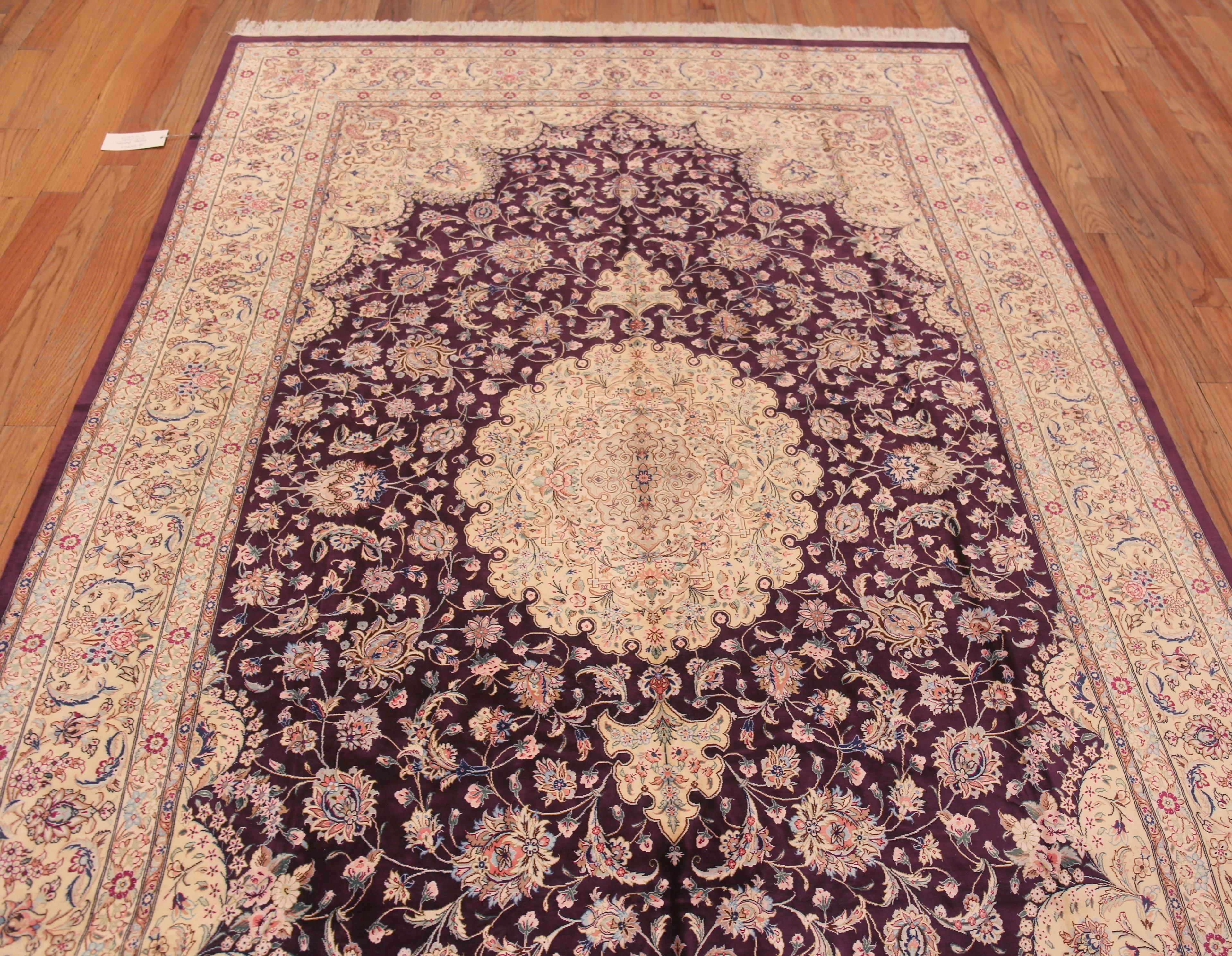 Hand-Knotted Fine Luxurious Purple Color Vintage Persian Silk Qum Rug 6'5