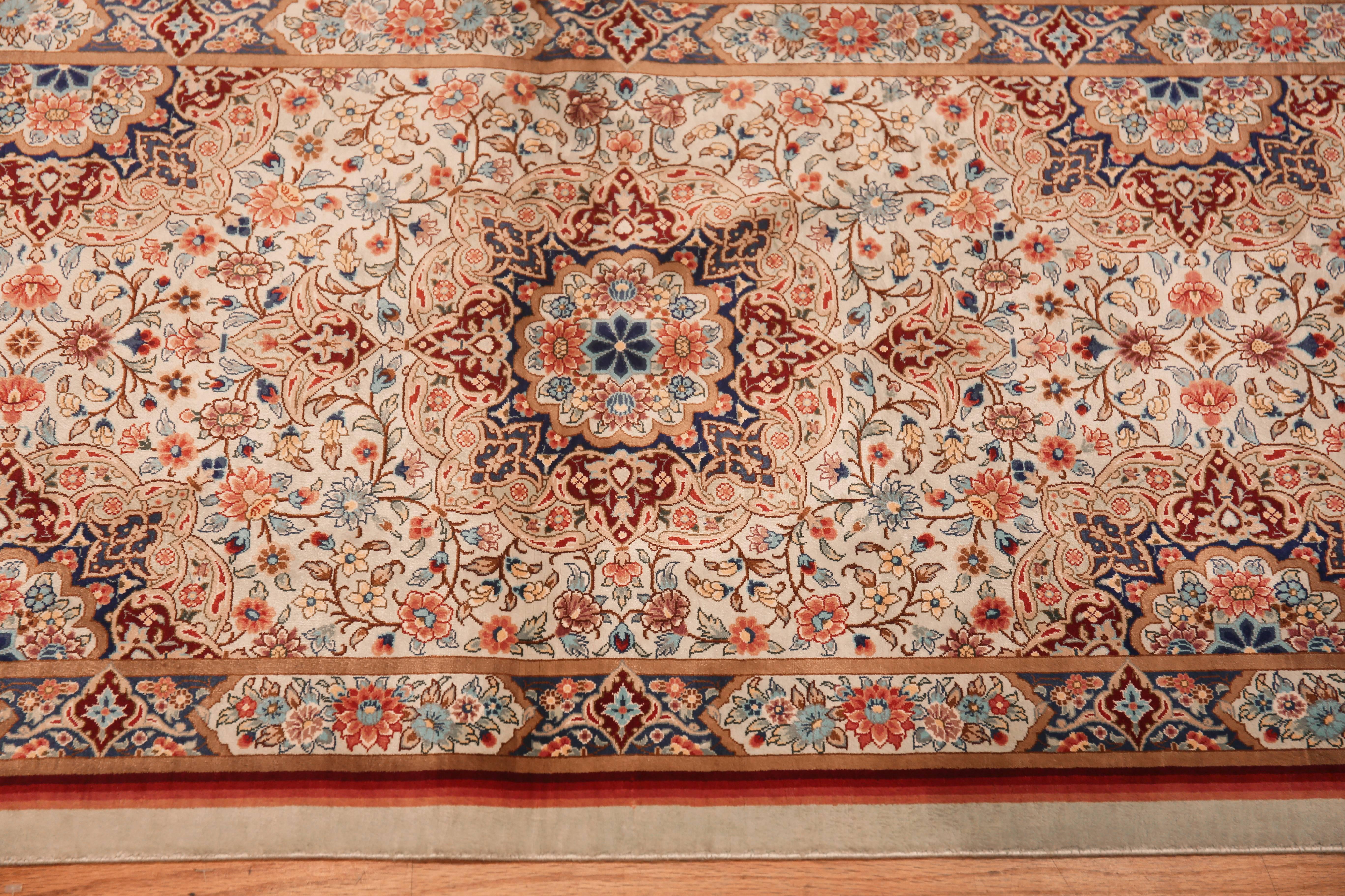 Fine Luxurious Silk Pile Floral Vintage Persian Qum Short Runner Rug, country of origin: Persian Rugs, Circa date: Vintage