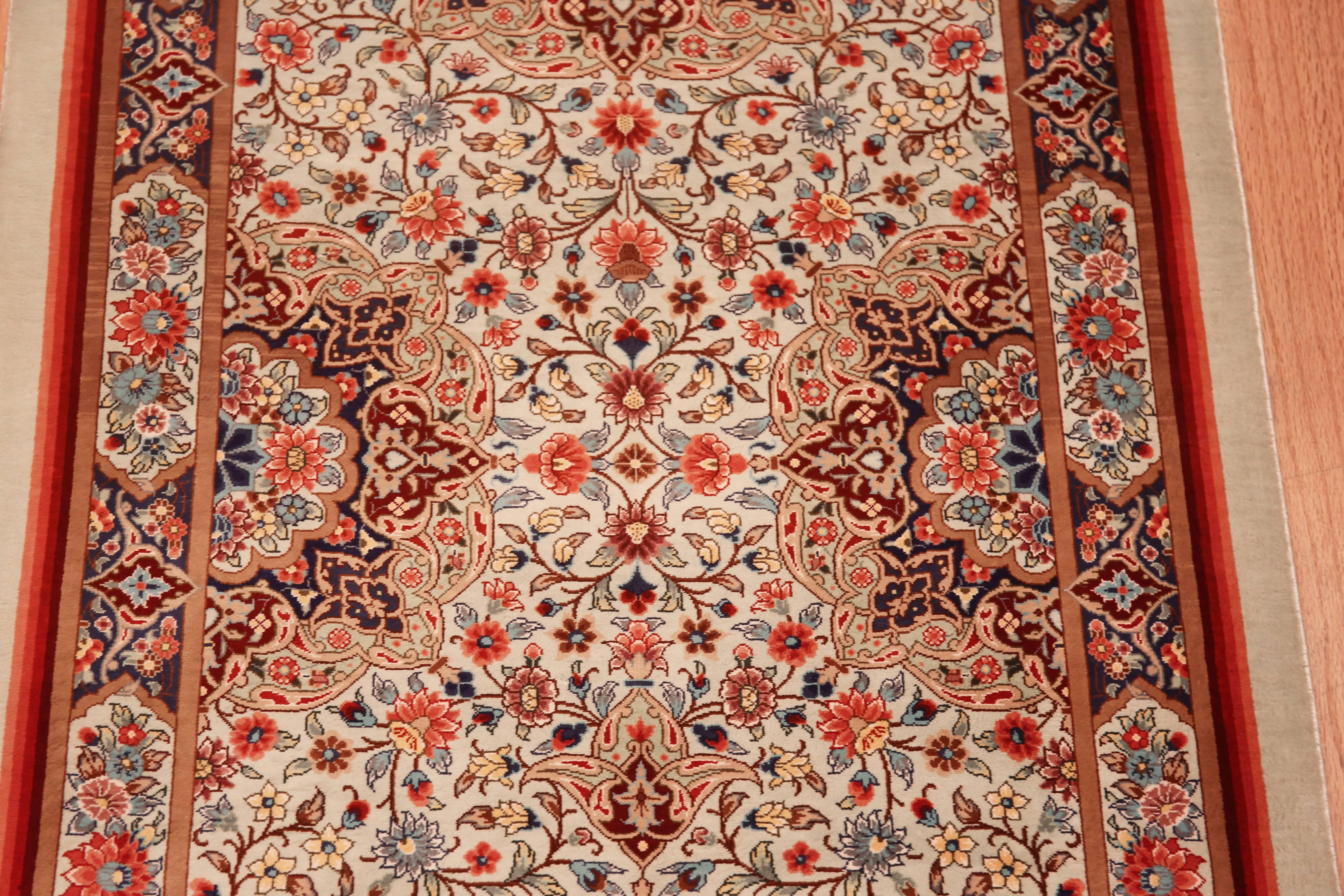 Hand-Knotted Fine Luxurious Silk Pile Floral Vintage Persian Qum Short Runner Rug 2'2
