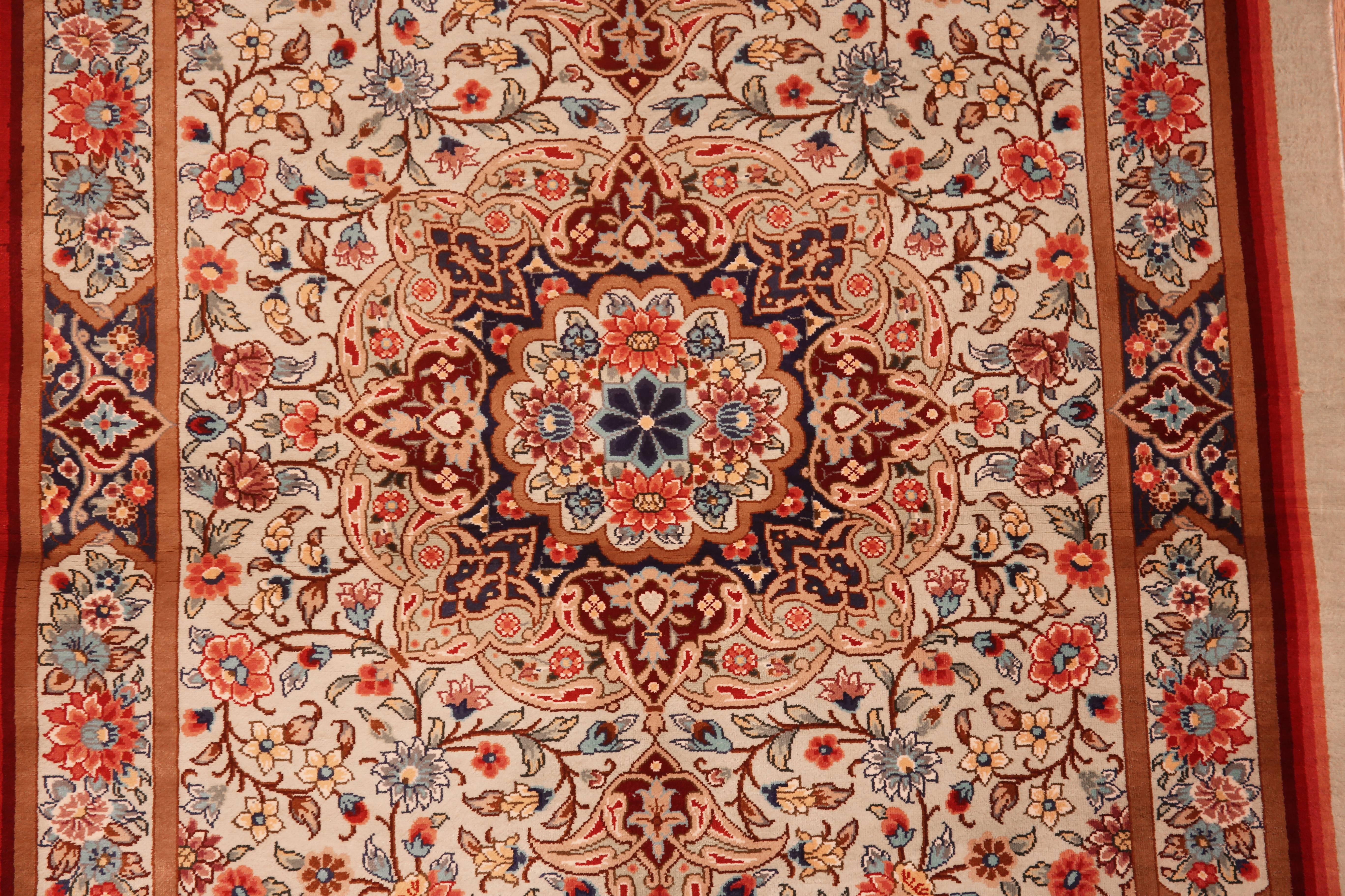 Fine Luxurious Silk Pile Floral Vintage Persian Qum Short Runner Rug 2'2