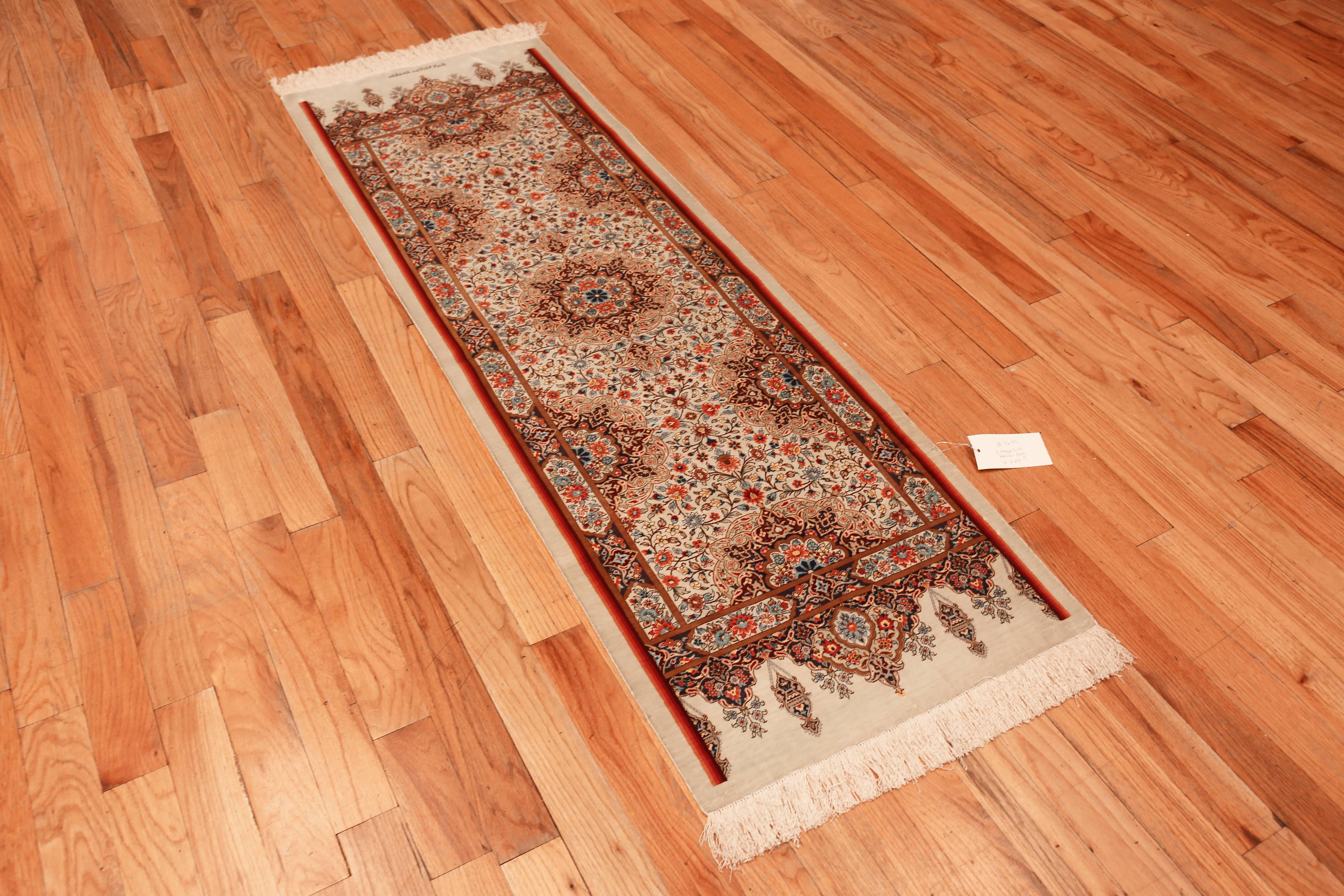 Fine Luxurious Silk Pile Floral Vintage Persian Qum Short Runner Rug 2'2
