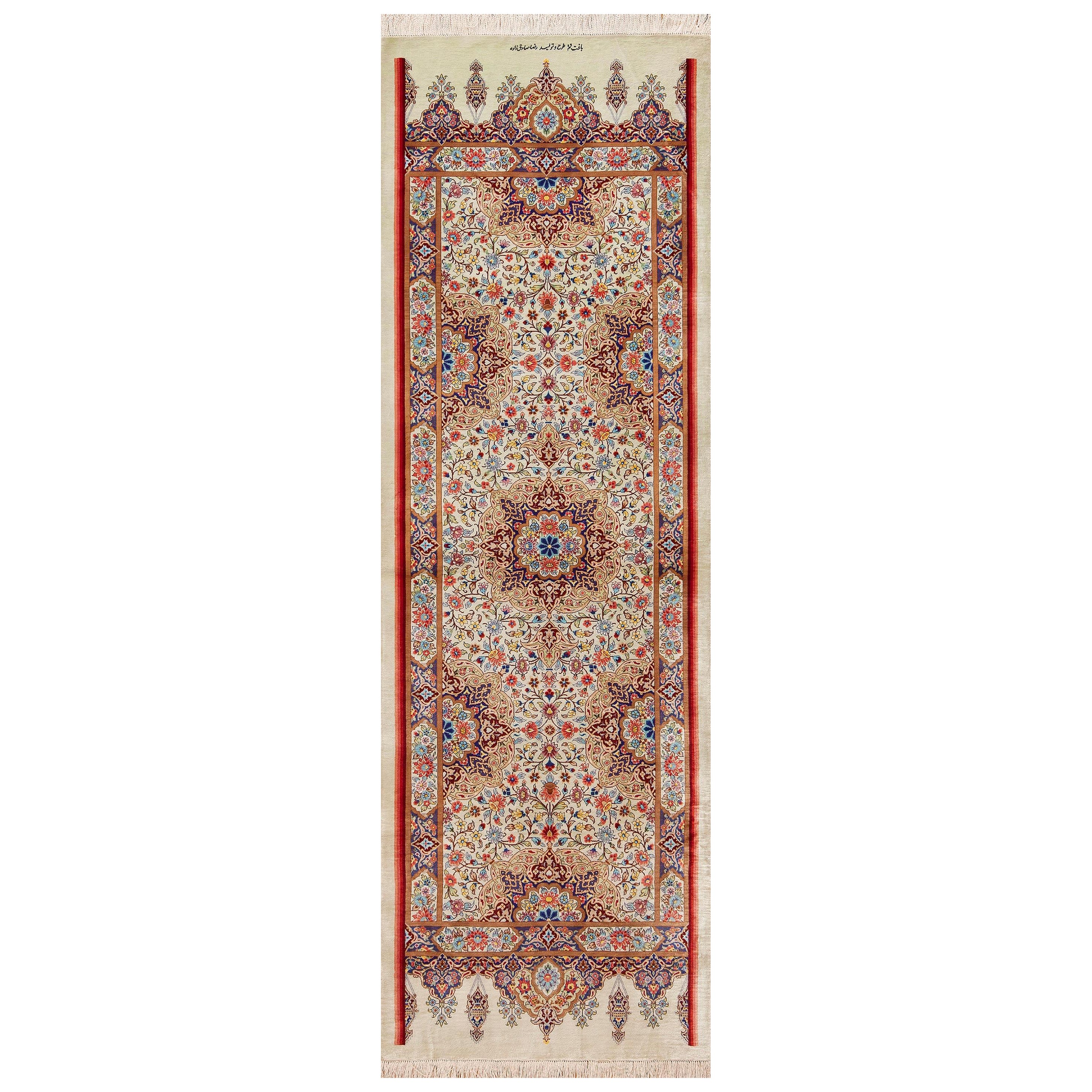 Feiner luxuriöser persischer Qum-Kurzarm-Läufer mit Blumenmuster aus Seide, Vintage, 2'2" x 6'9" im Angebot