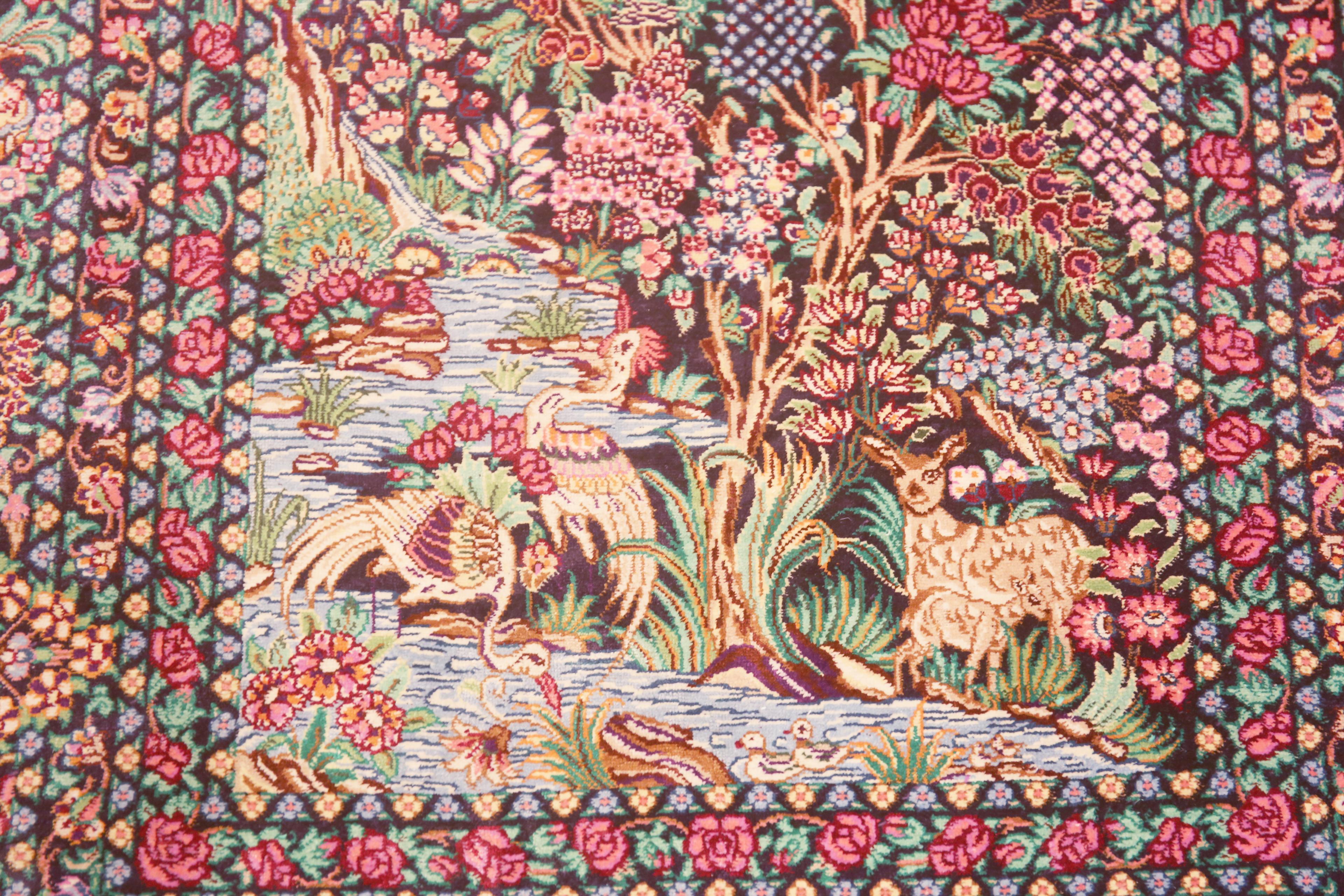 Fine Luxurious Small Scatter Size Vintage Persian Silk Qum Animal Rug, Herkunftsland: Persische Teppiche, Entstehungszeit: Vintage By