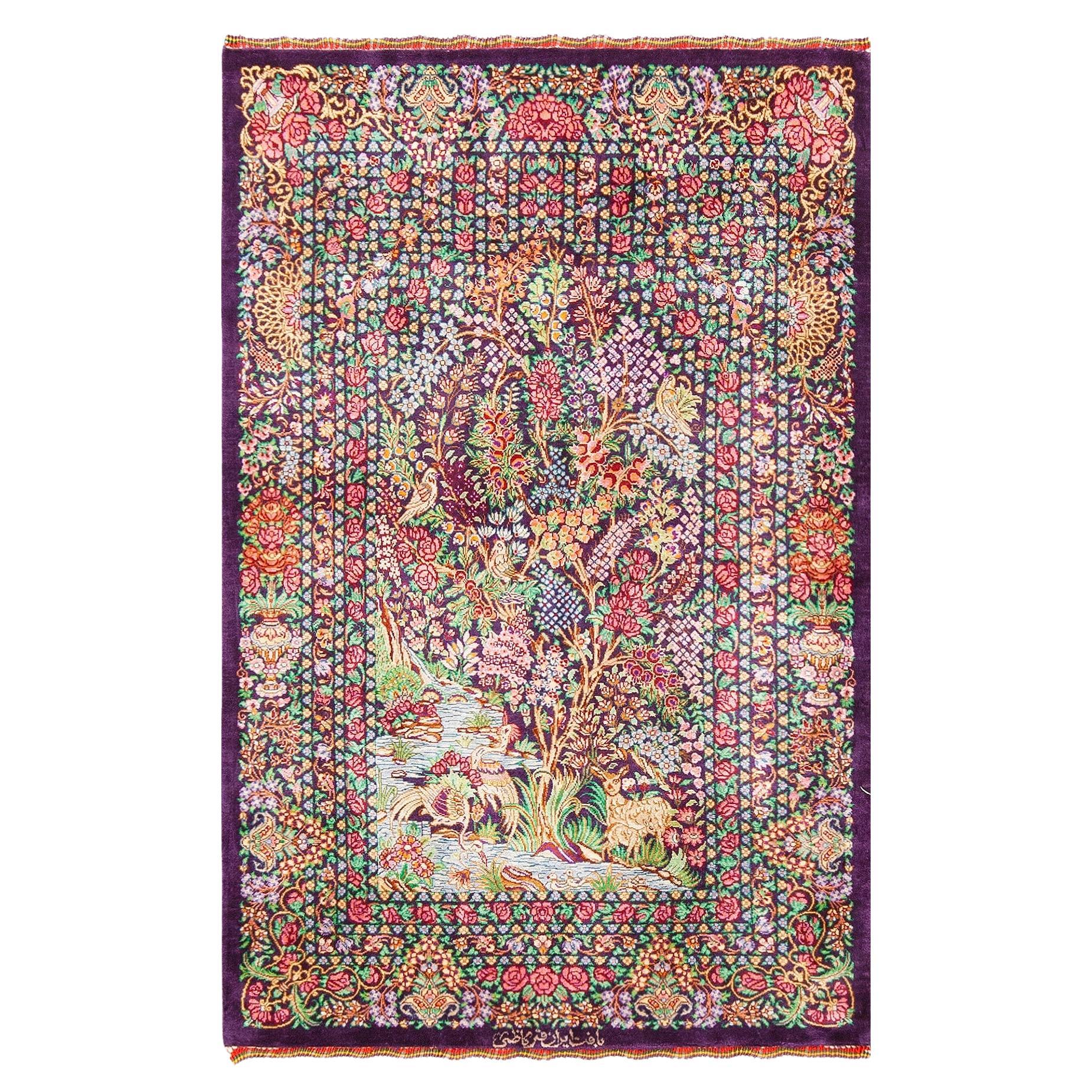 Fine Luxurious Small Scatter Size Vintage Persian Silk Qum Animal Rug 2' x 3' For Sale