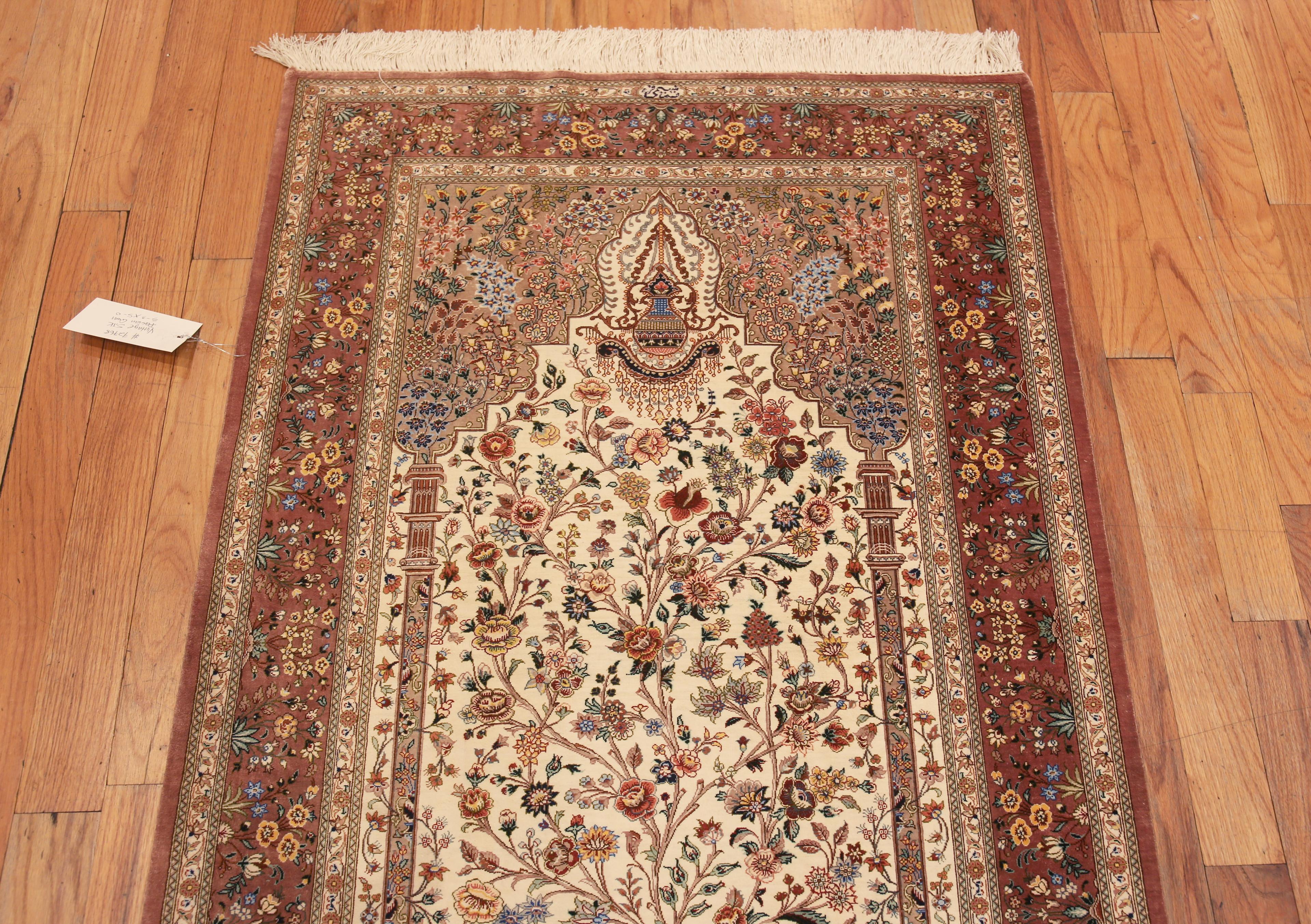 Hand-Knotted Fine Luxurious Tree of Life Pattern Prayer Design Vintage Persian Silk 3'3