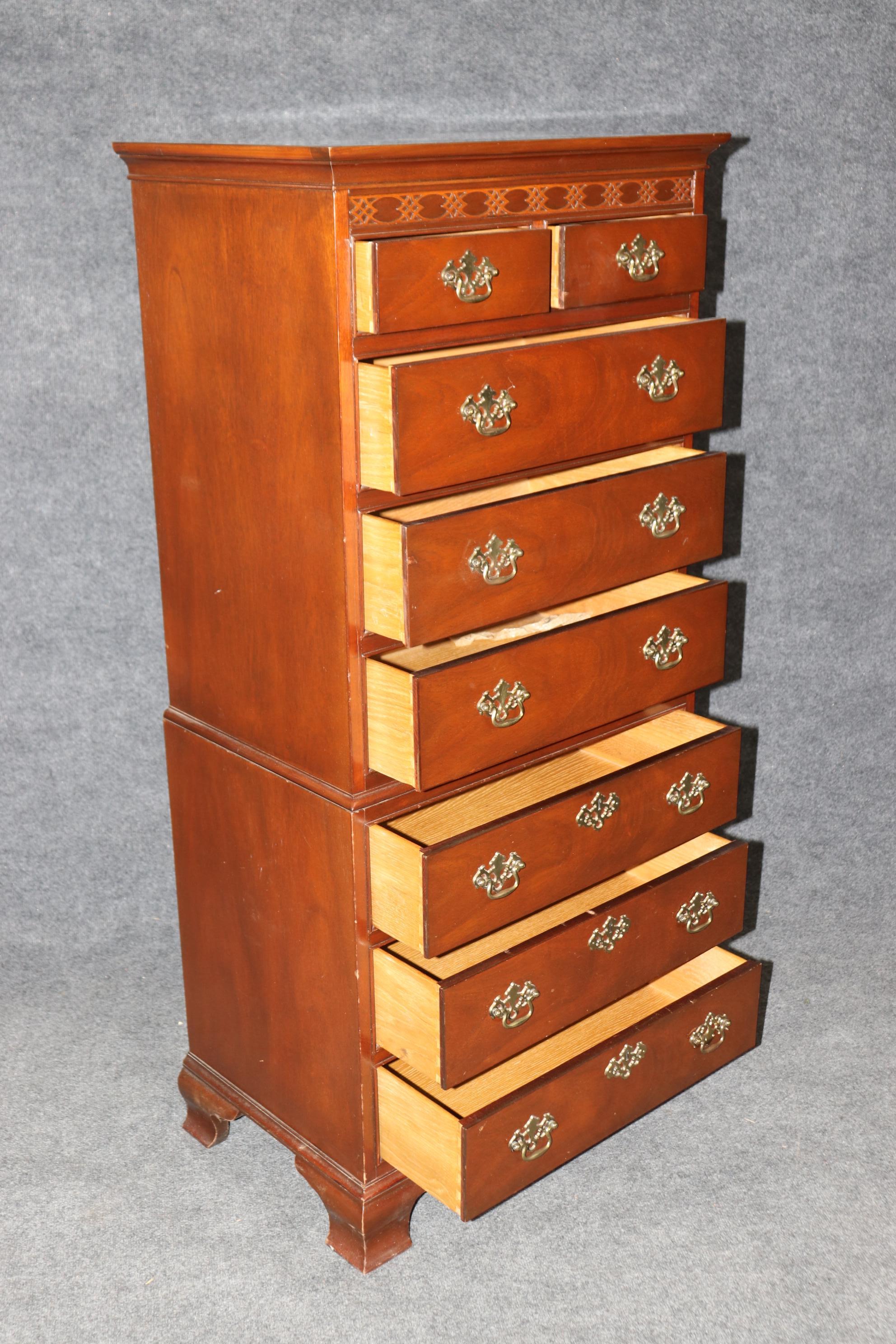 Brass Fine Mahogany Baker 8 Drawer Lingerie Chest Chippendale Style