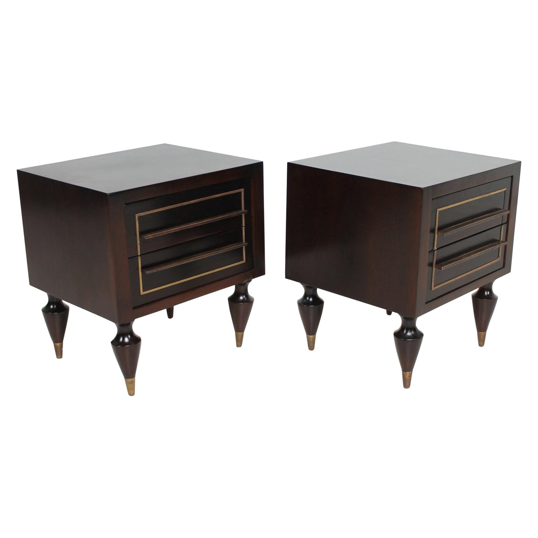 Fine Mahogany & Brass Nightstands Exceptional Legs Eugenio Escudero 1950s Mexico