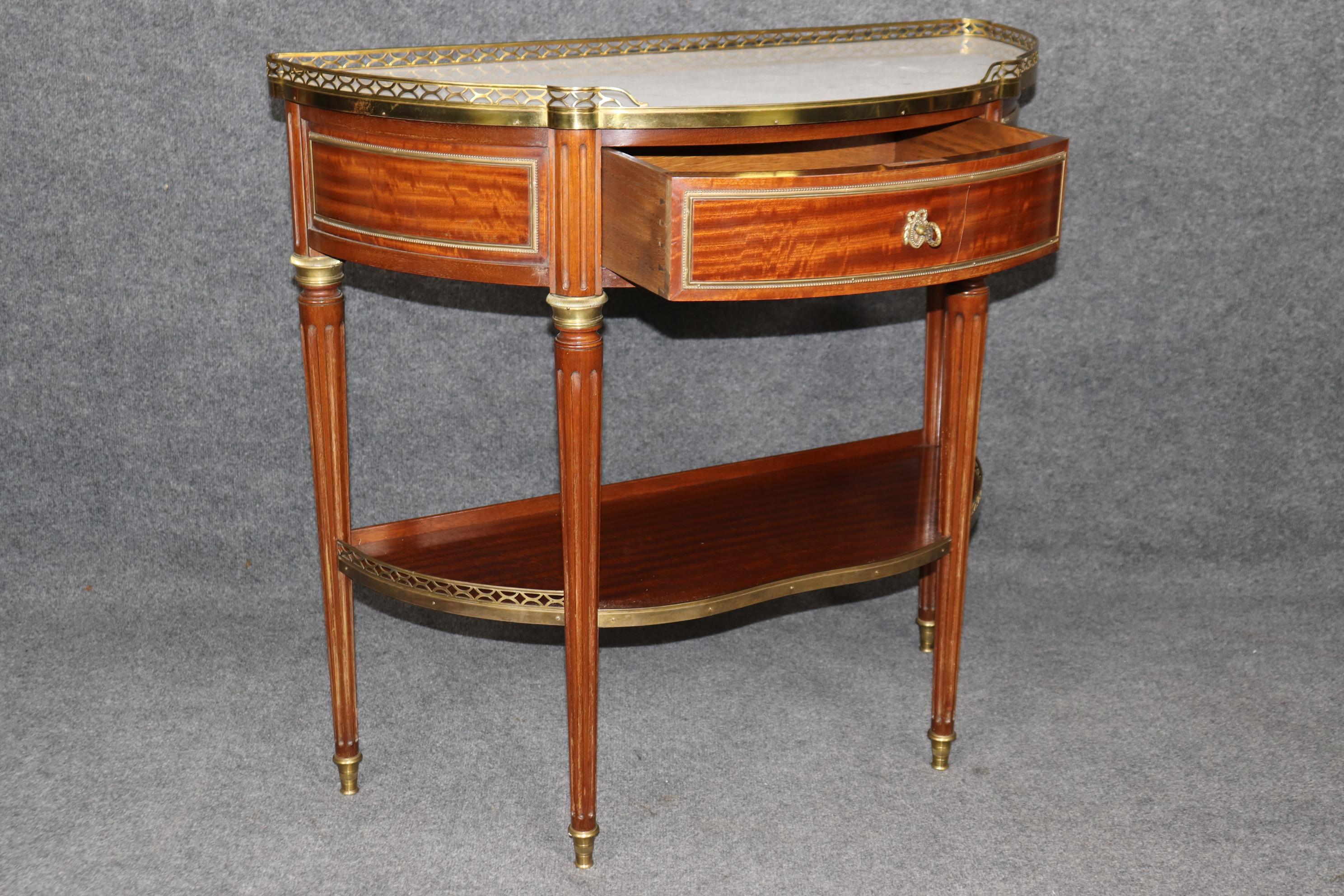 Directoire Fine Mahogany French Louis XVI Style Marble Top Demilune Console Table