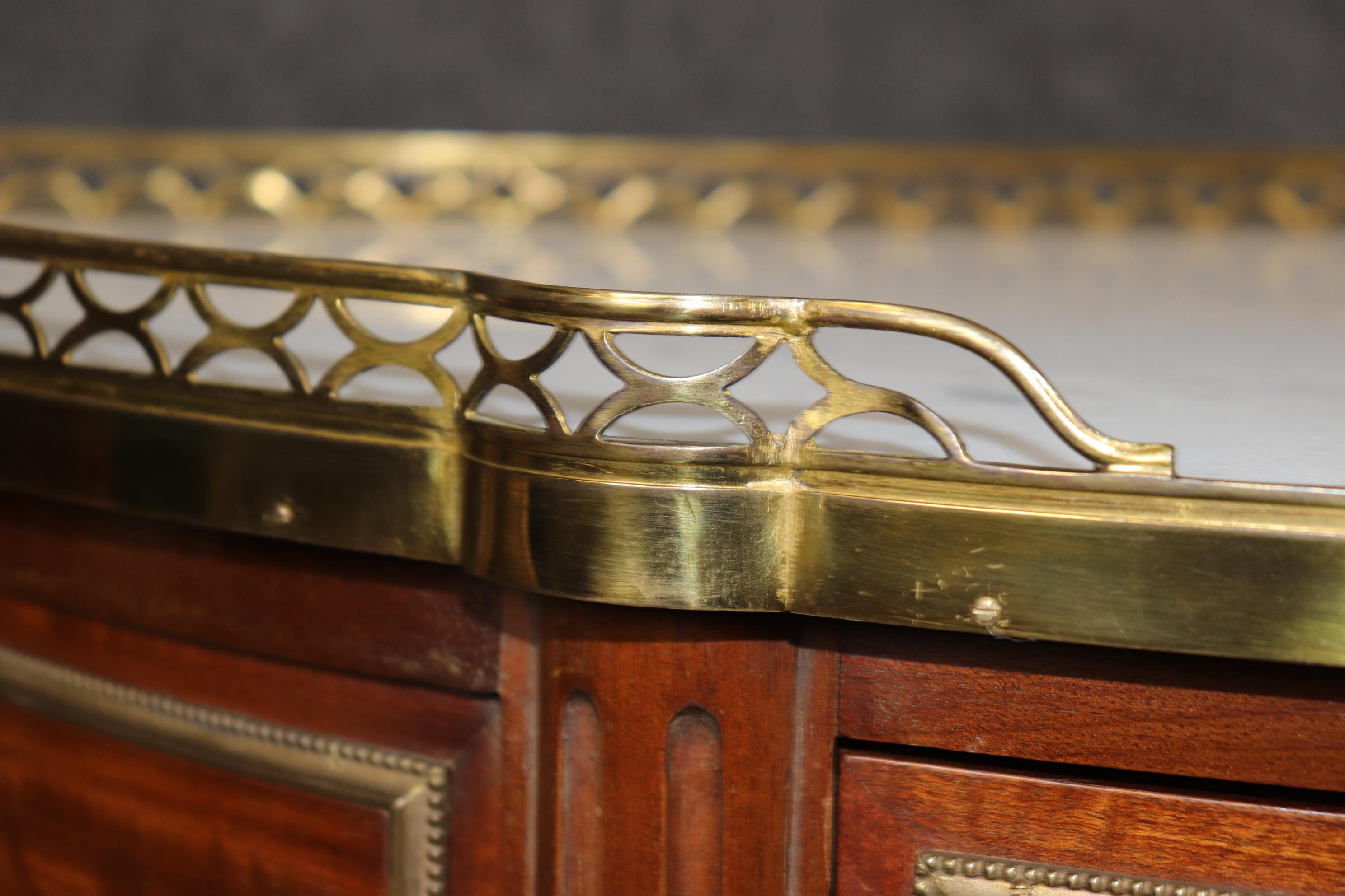 Brass Fine Mahogany French Louis XVI Style Marble Top Demilune Console Table