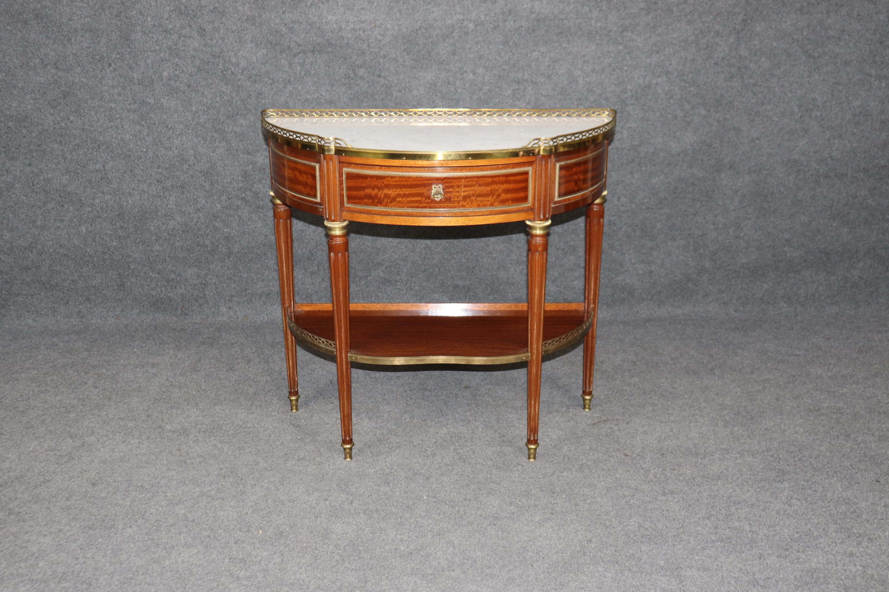 Fine Mahogany French Louis XVI Style Marble Top Demilune Console Table 1