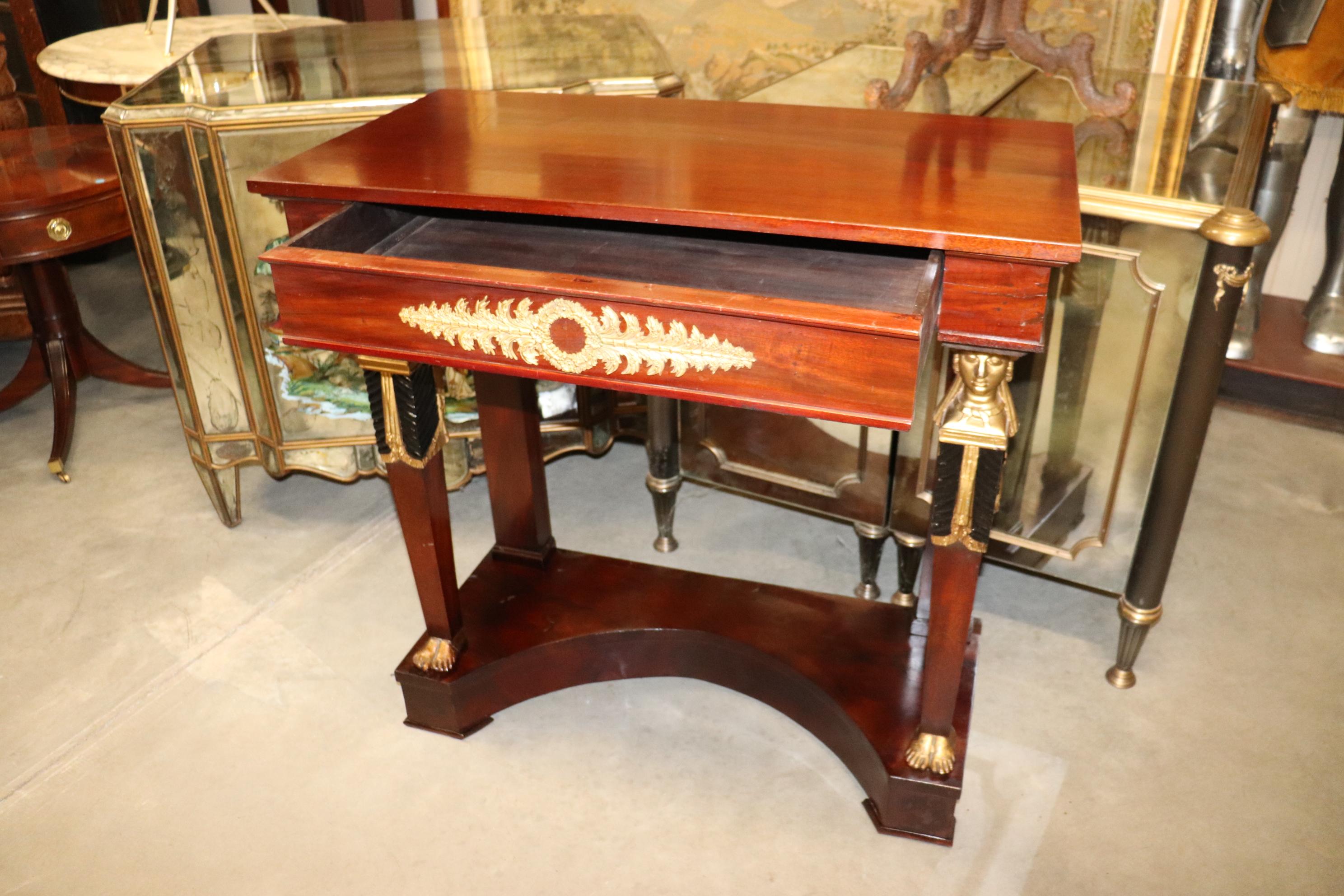 Fine Mahogany Gilded Egyptian Revival Narrow Console Table Bronze Ormolu  In Good Condition In Swedesboro, NJ