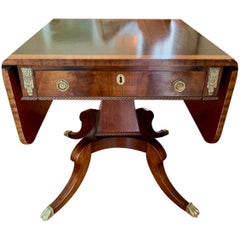 Fine Mahogany Inlay and Brass Drop-Leaf Expandable Table with One Drawer