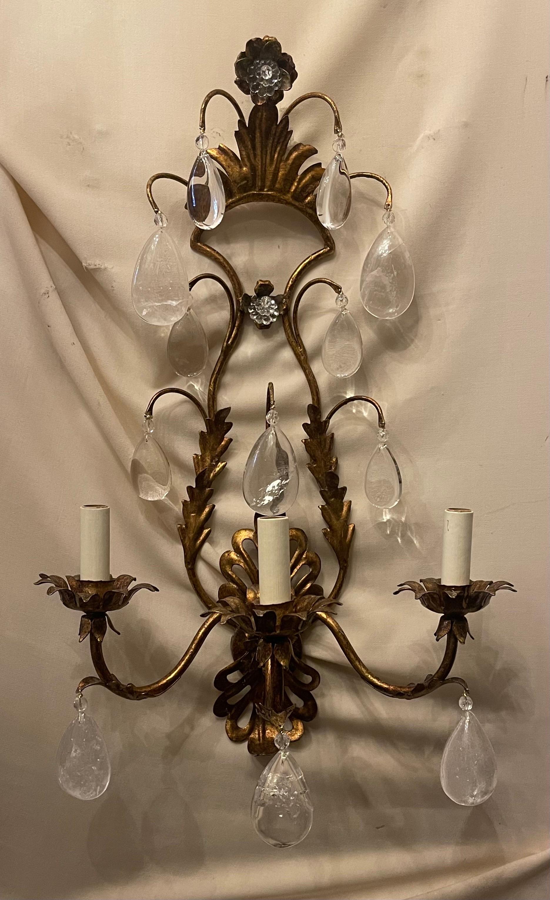 A wonderful two pairs of large Maison Baguès style rock crystal / crystal drop gold gilt tole filigree sconces by Vaughan designs with UL listing, ready to install with mounting hardware.

*Each pair sold separately
we have two pairs available