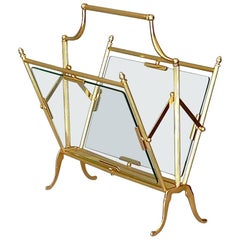 Fine Maison Bagues Magazine Holder Stand Rack Gilt Brass Glass France, 1950s
