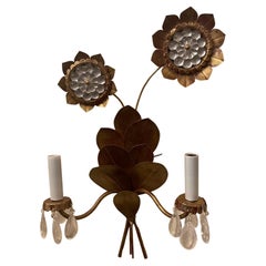 Wonderful Pair Maison Baguès Tole Gold Gilt Rock Crystal Leaf Flower Sconces