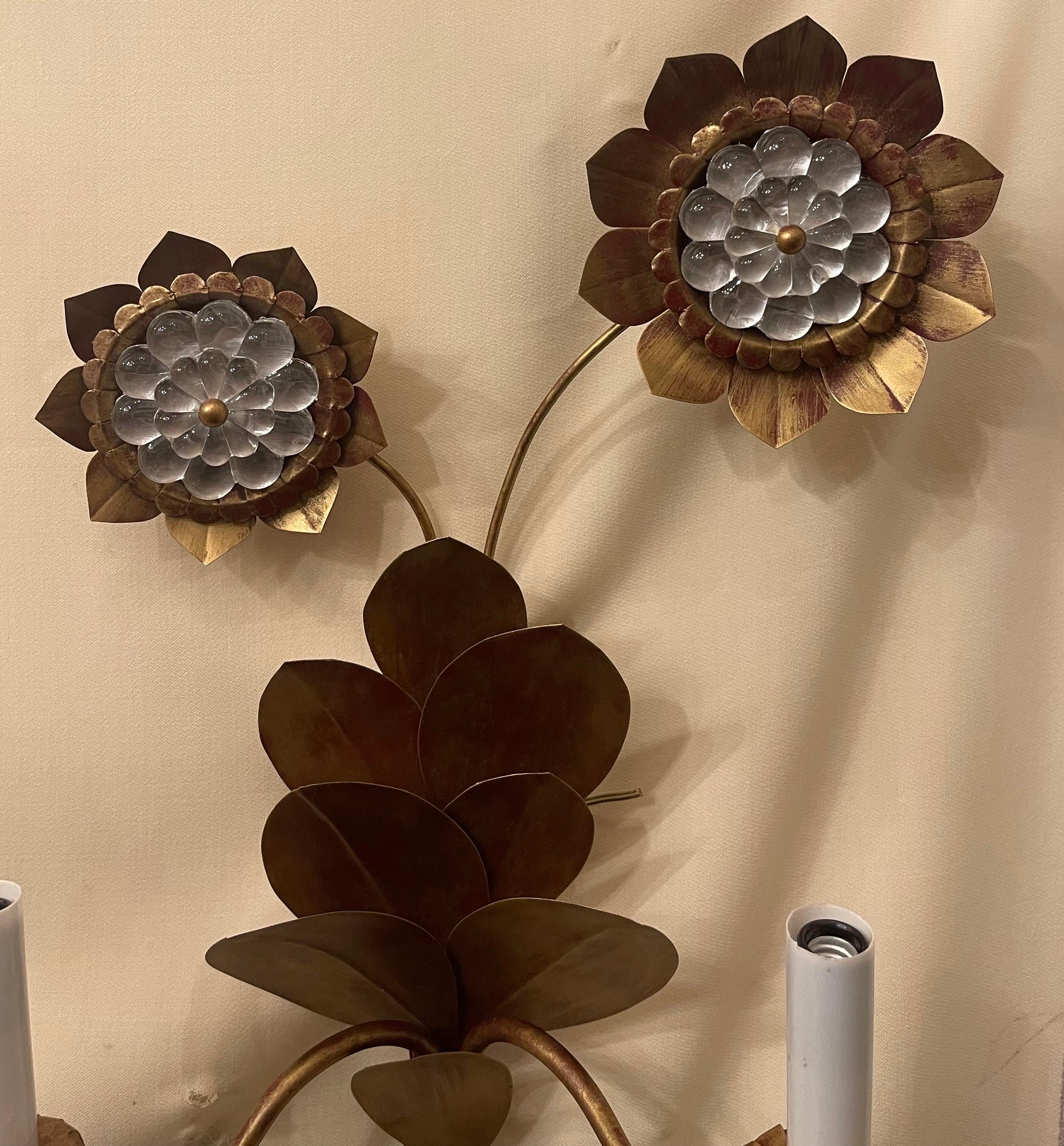 Wonderful Pair Maison Baguès Tole Gold Gilt Rock Crystal Leaf Flower Sconces In Good Condition For Sale In Roslyn, NY