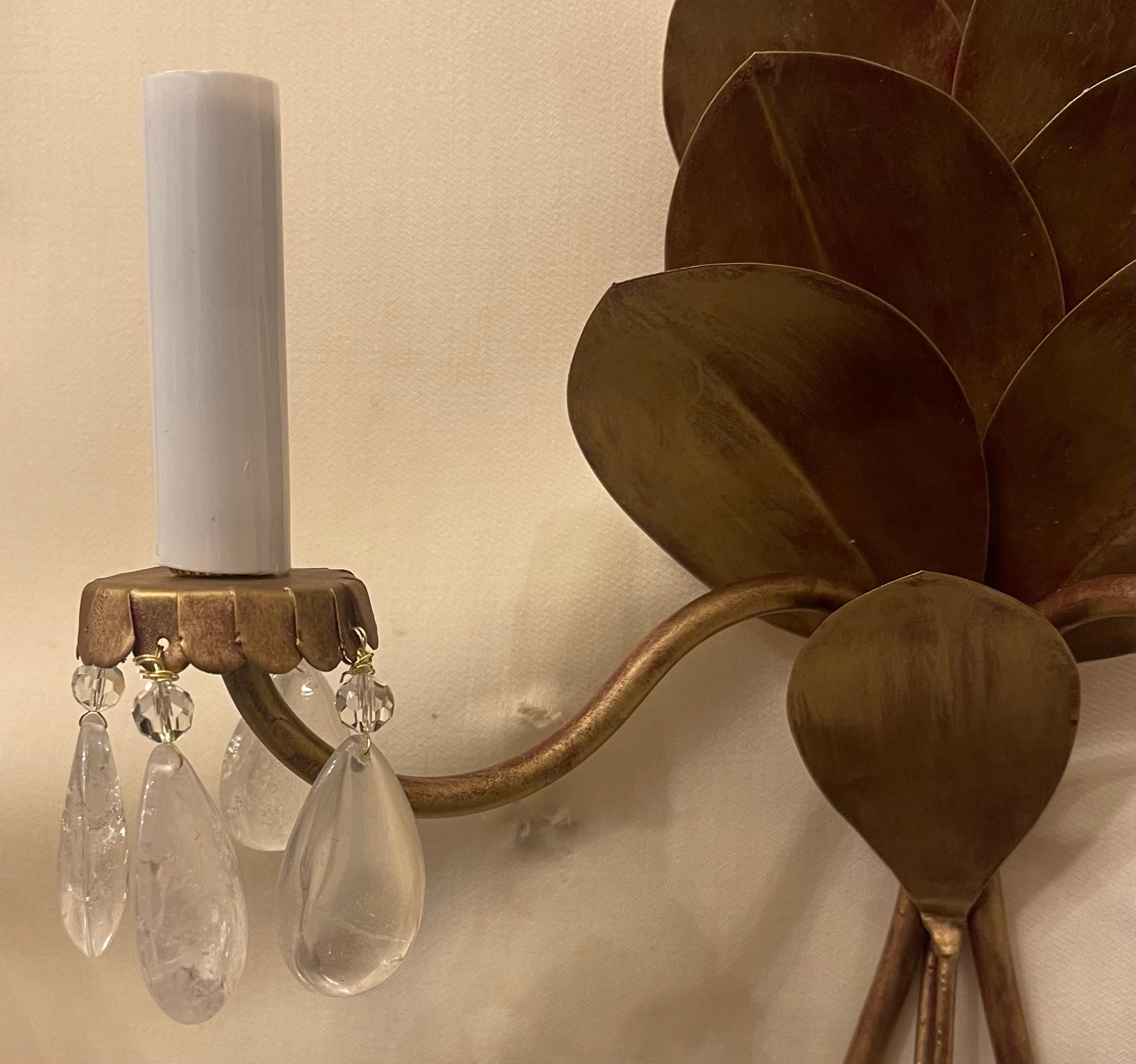 20th Century Wonderful Pair Maison Baguès Tole Gold Gilt Rock Crystal Leaf Flower Sconces For Sale