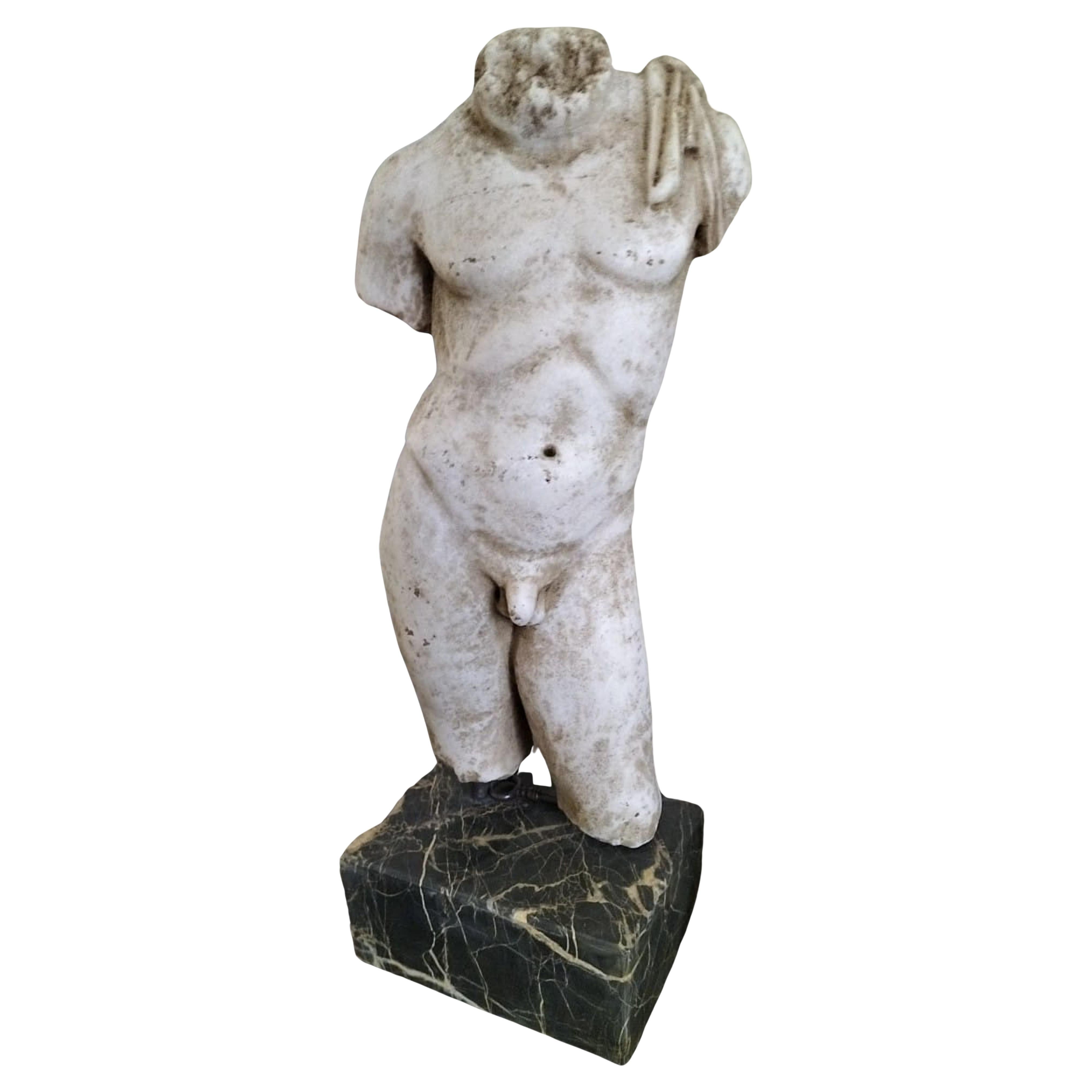 Beau torse d'homme en marbre grec de Thassos, base en marbre Imperial noir 18e siècle en vente
