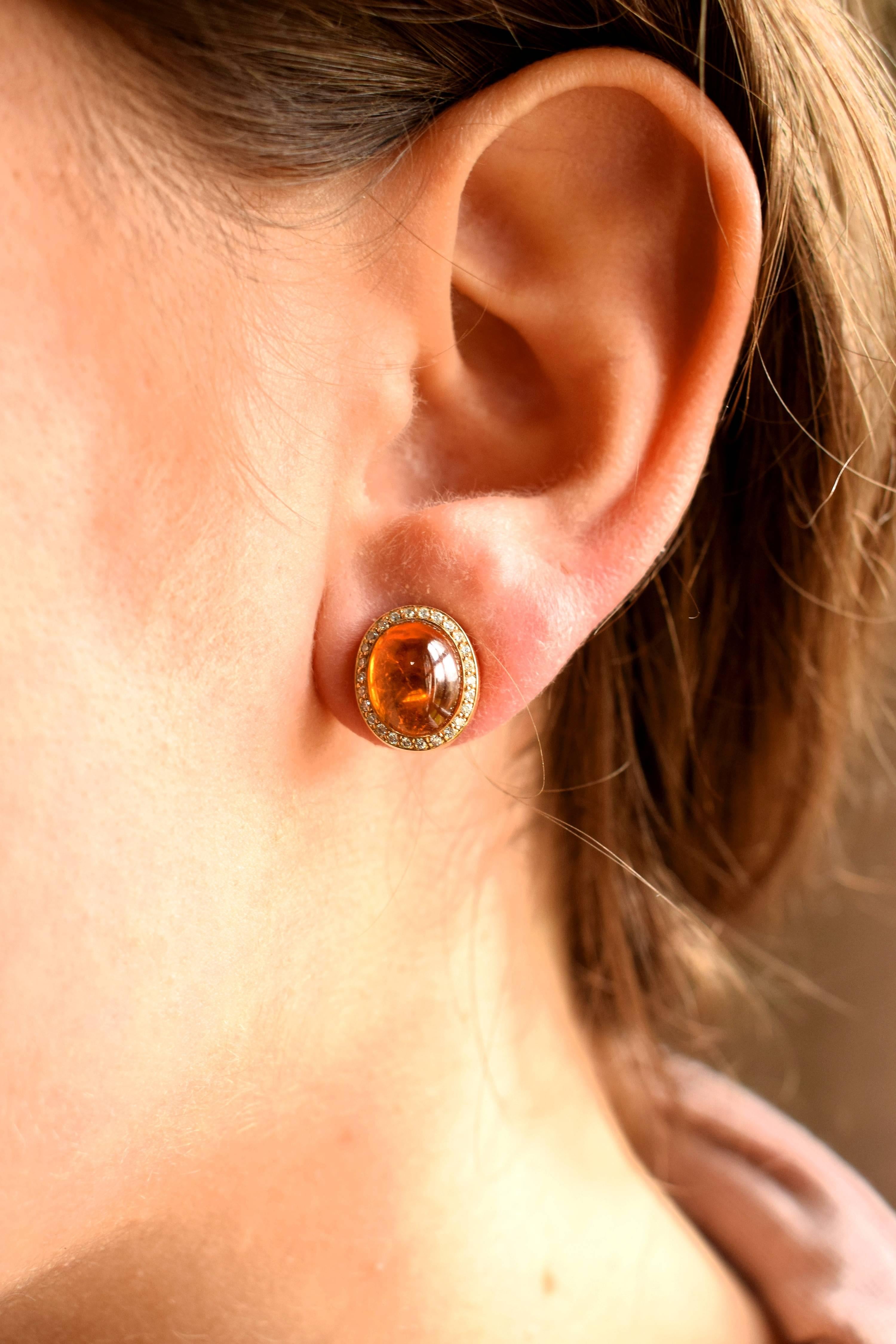Oval Cut Earrings in Rose Gold with 2 Mandarine Garnet Cabouchons and Diamonds.