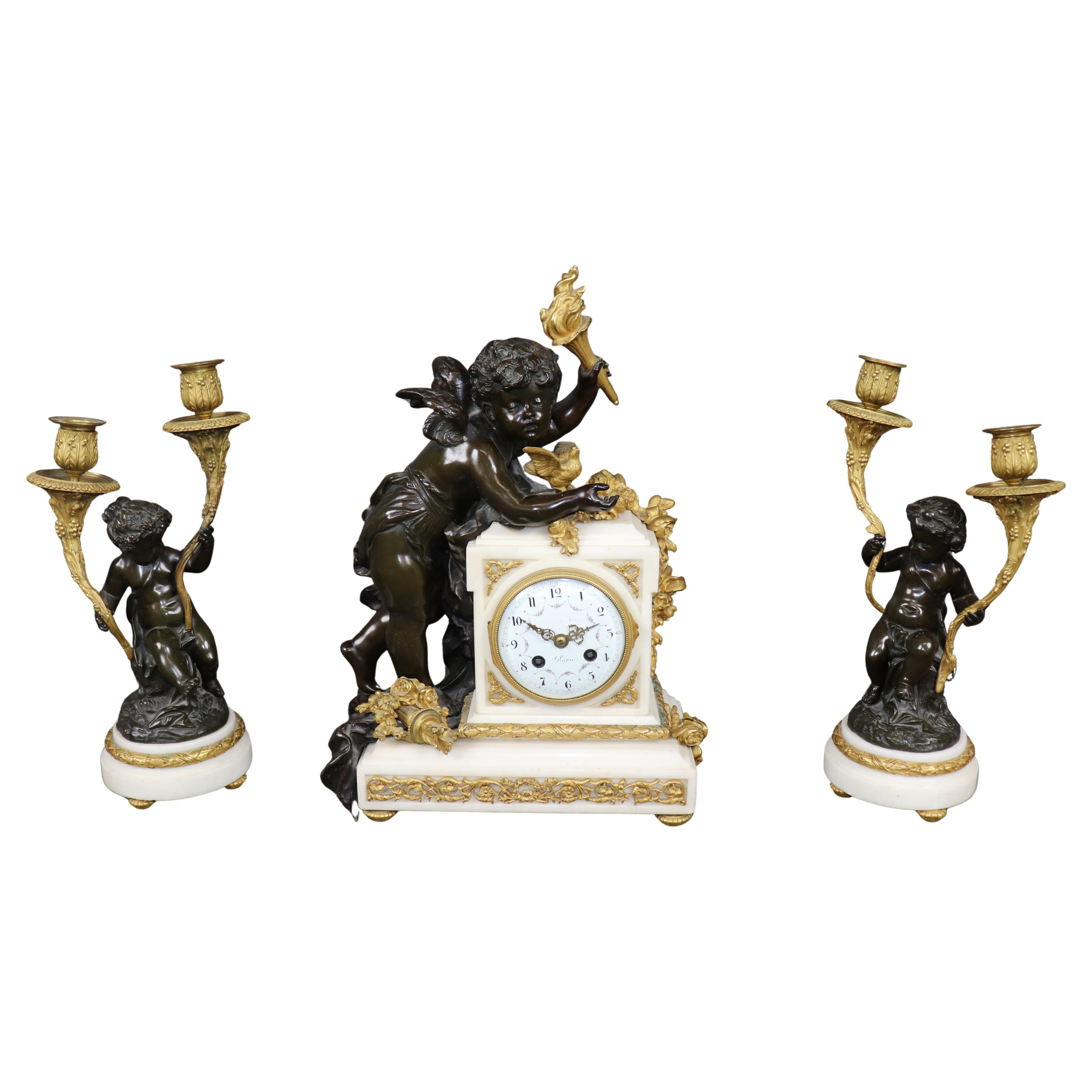 Fine Marble and Bronze fFgural Clock Candelabras by Lemerle Charpentier For Sale