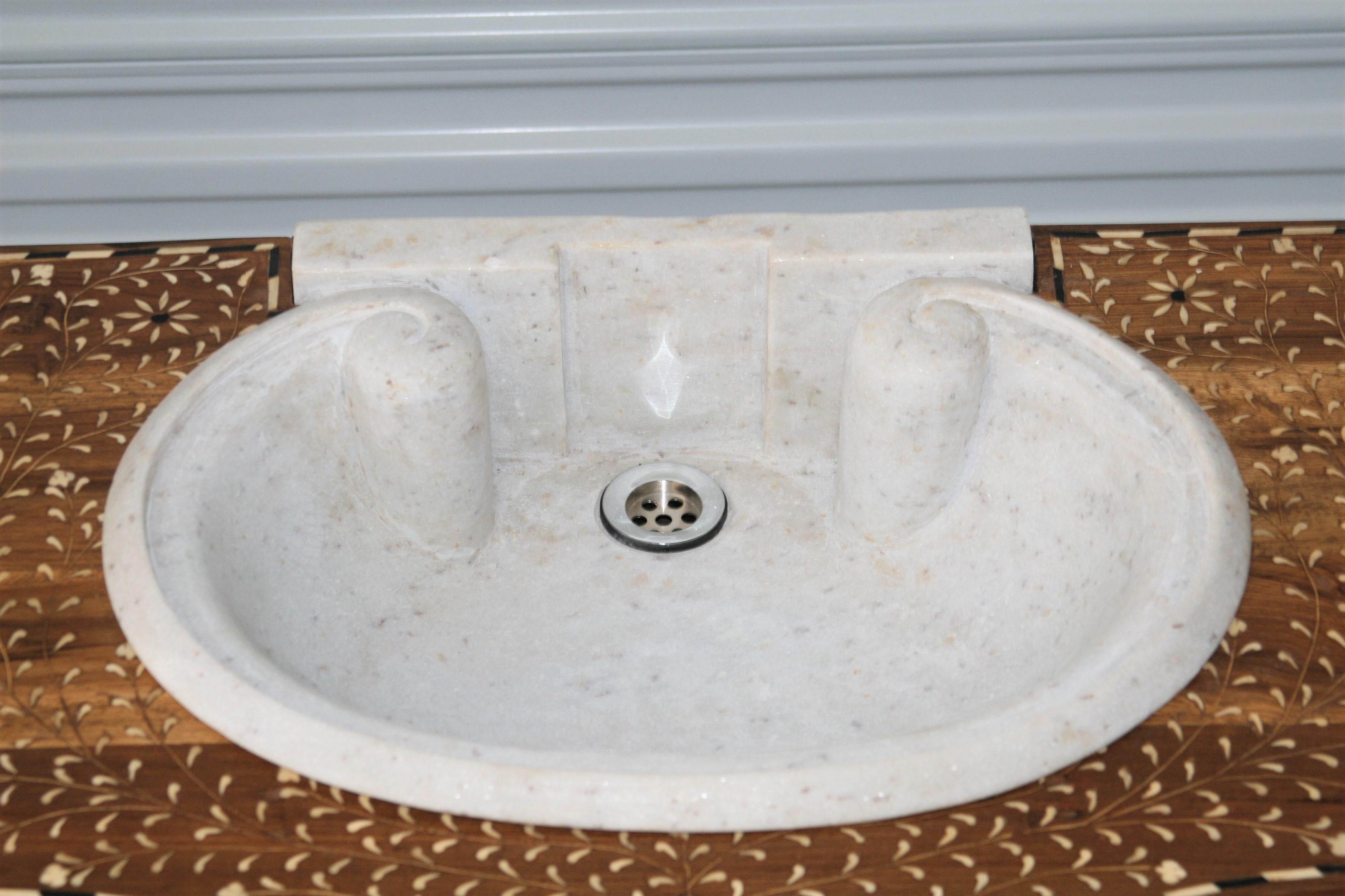 Fine Marble Sink on Solid Teak Wood Vanity Exquisitely Hand Inlaid with Bone For Sale 1