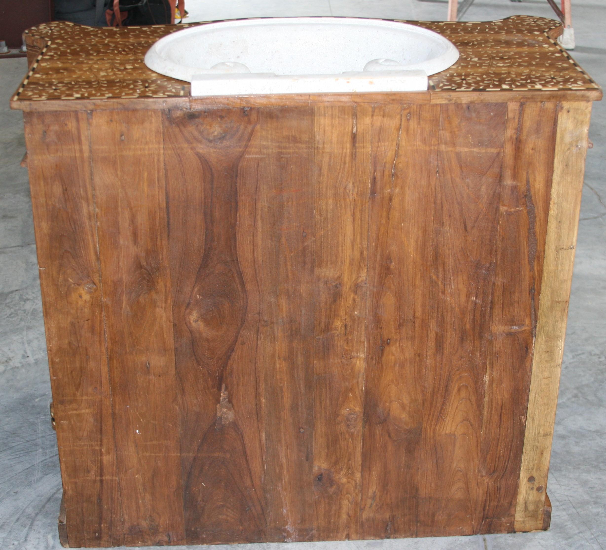 Fine Marble Sink on Solid Teak Wood Vanity Exquisitely Hand Inlaid with Bone For Sale 3