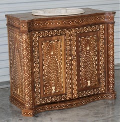 Fine Marble Sink on Solid Teak Wood Vanity Exquisitely Hand Inlaid with Bone