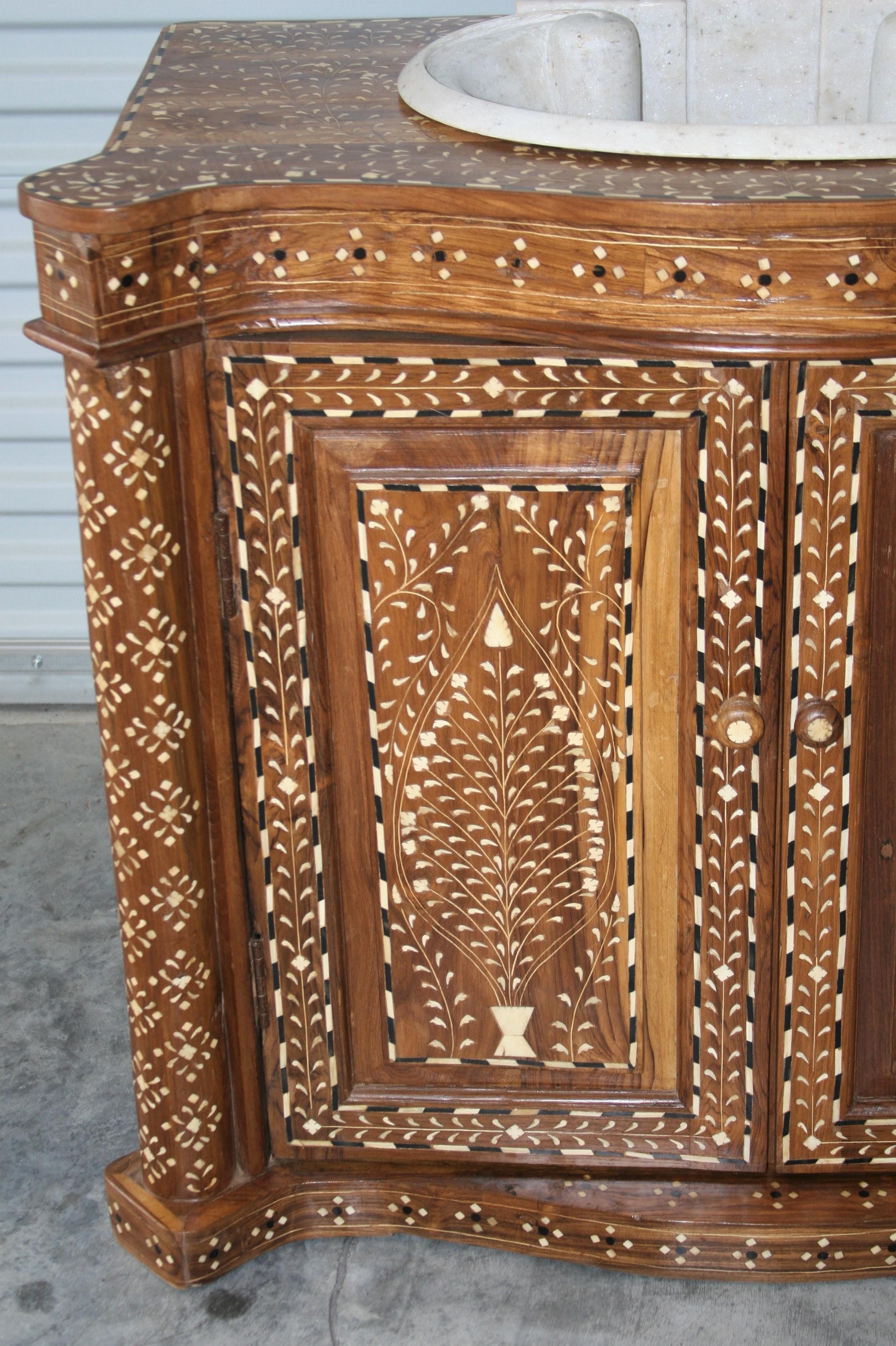 Anglo Raj Fine Marble Sink on Solid Teak Wood Vanity Exquisitely Hand Inlaid with Bone For Sale