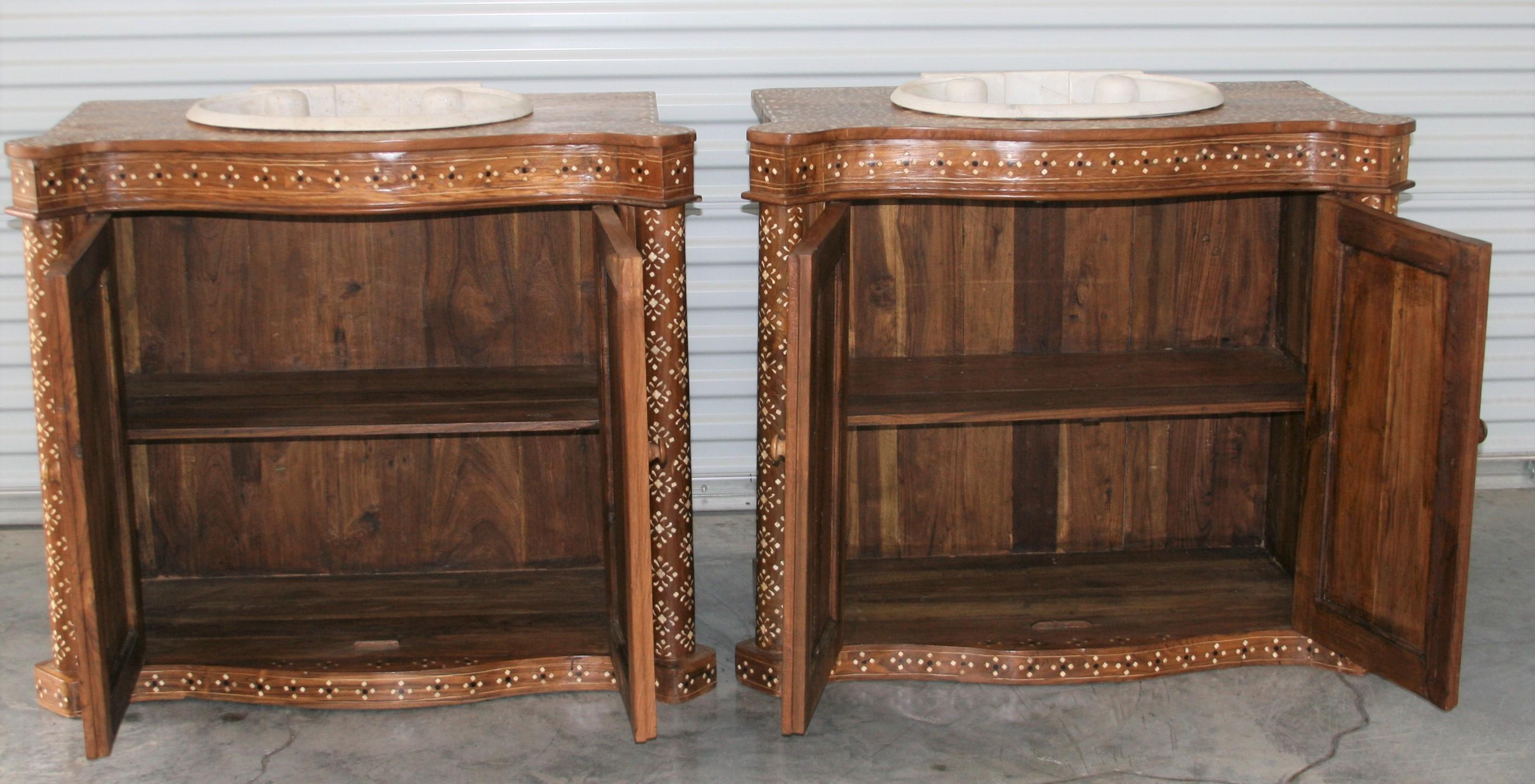 Hand-Crafted Fine Marble Sink on Solid Teak Wood Vanity Exquisitely Hand Inlaid with Bone For Sale