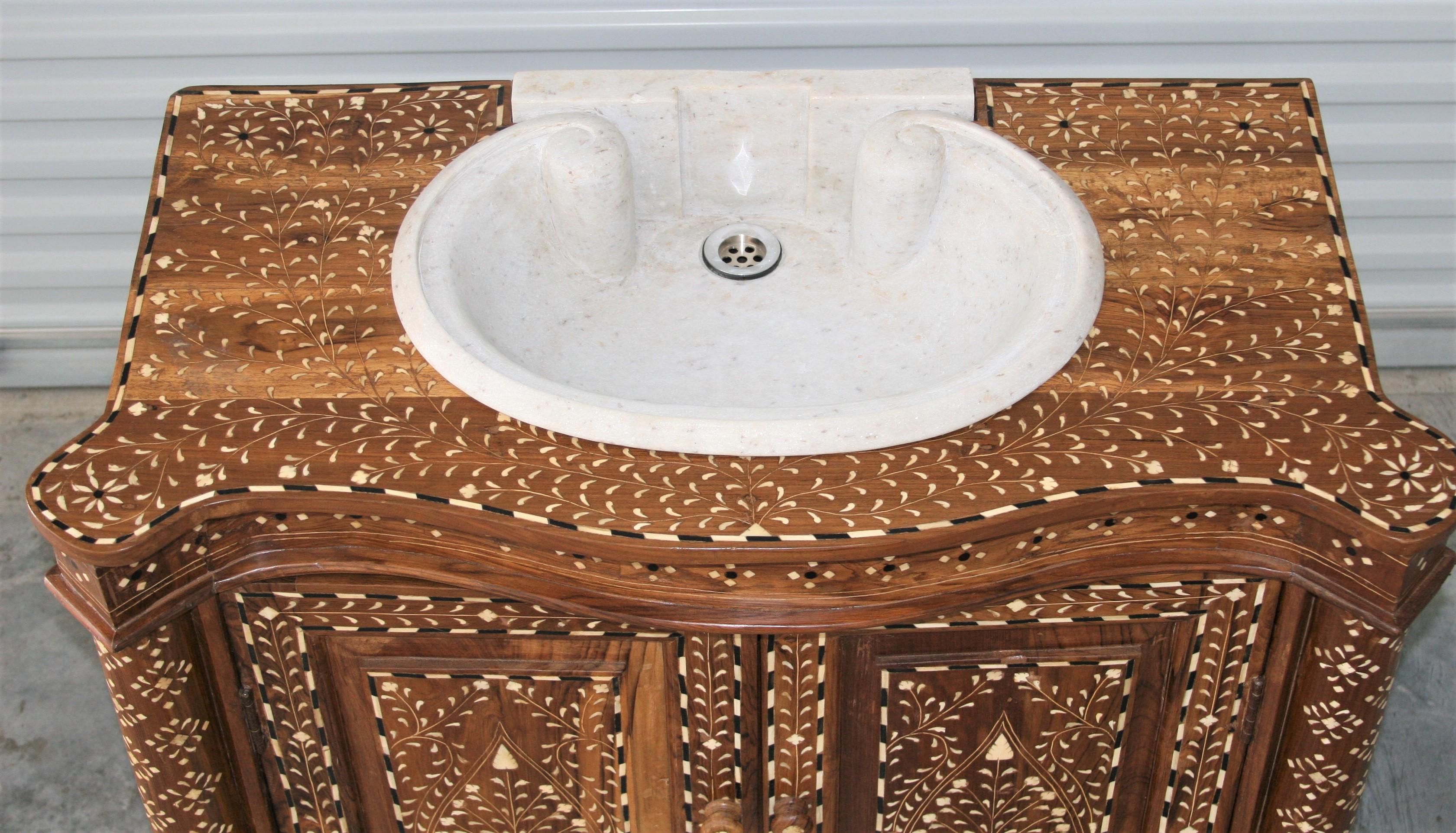Contemporary Fine Marble Sink on Solid Teak Wood Vanity Exquisitely Hand Inlaid with Bone For Sale