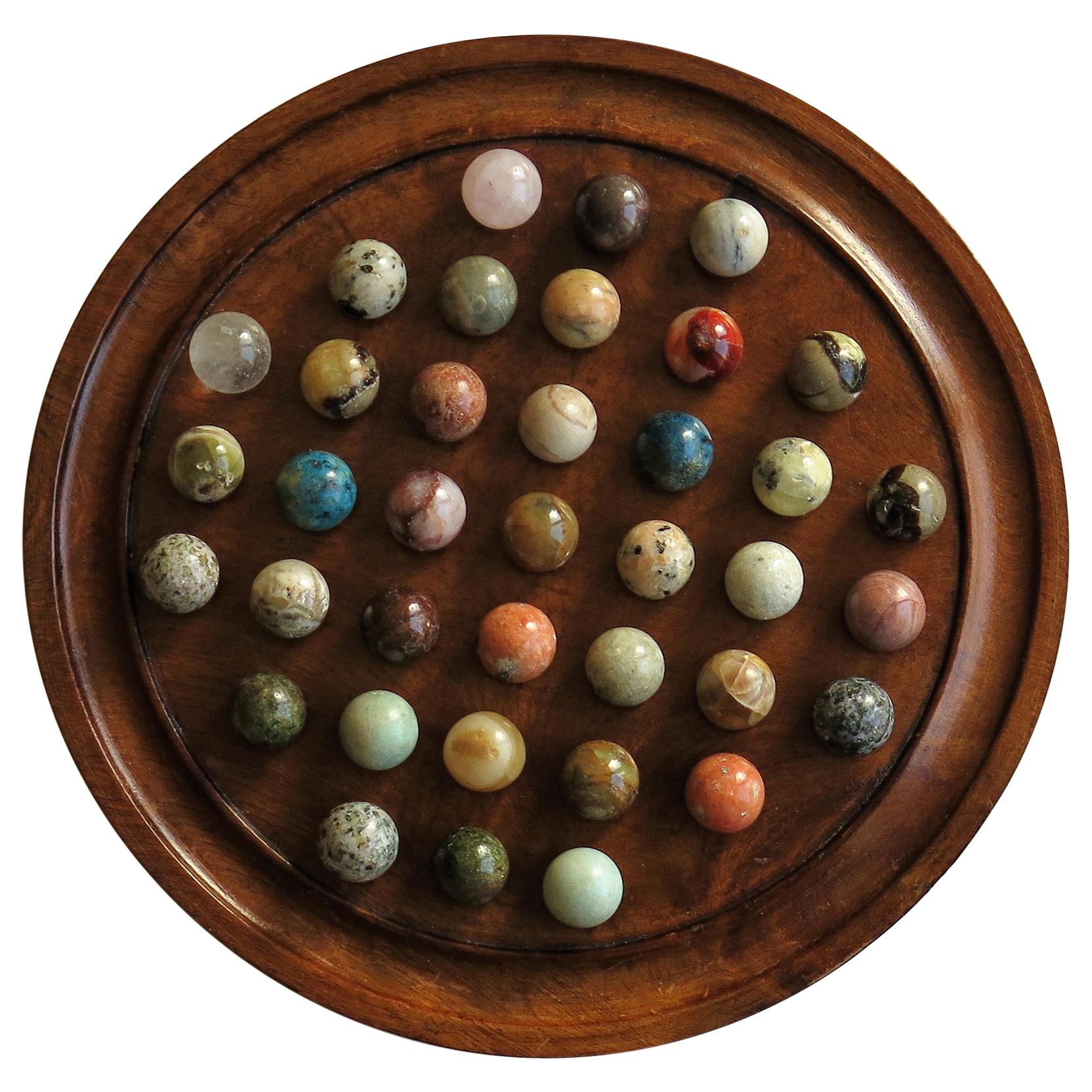 Fine Marble Solitaire Game Hardwood Board 37 Agate Mineral Stone Marbles, French