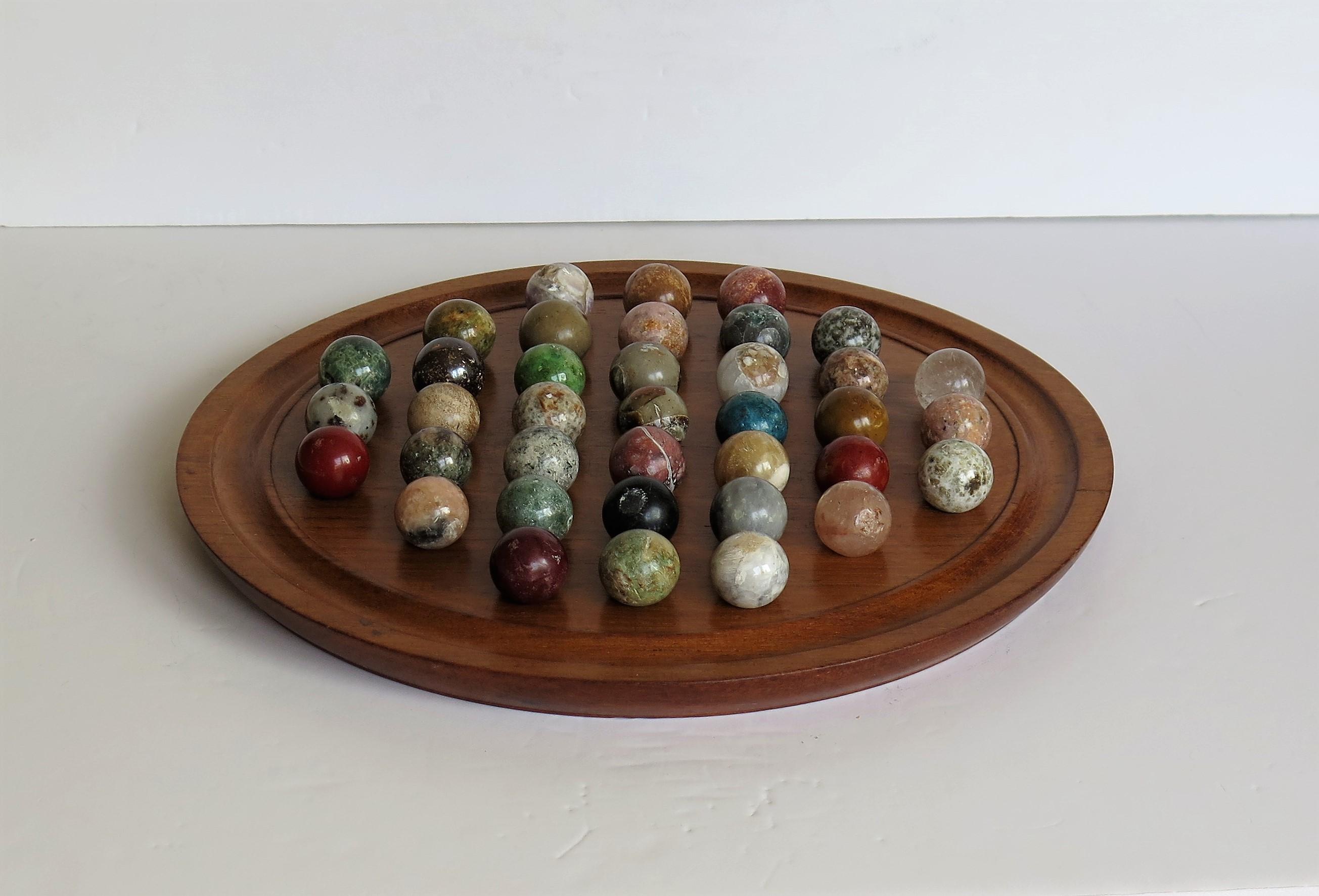Folk Art Fine Marble Solitaire Hardwood Board with 37 Agate Mineral Stone Marbles, French