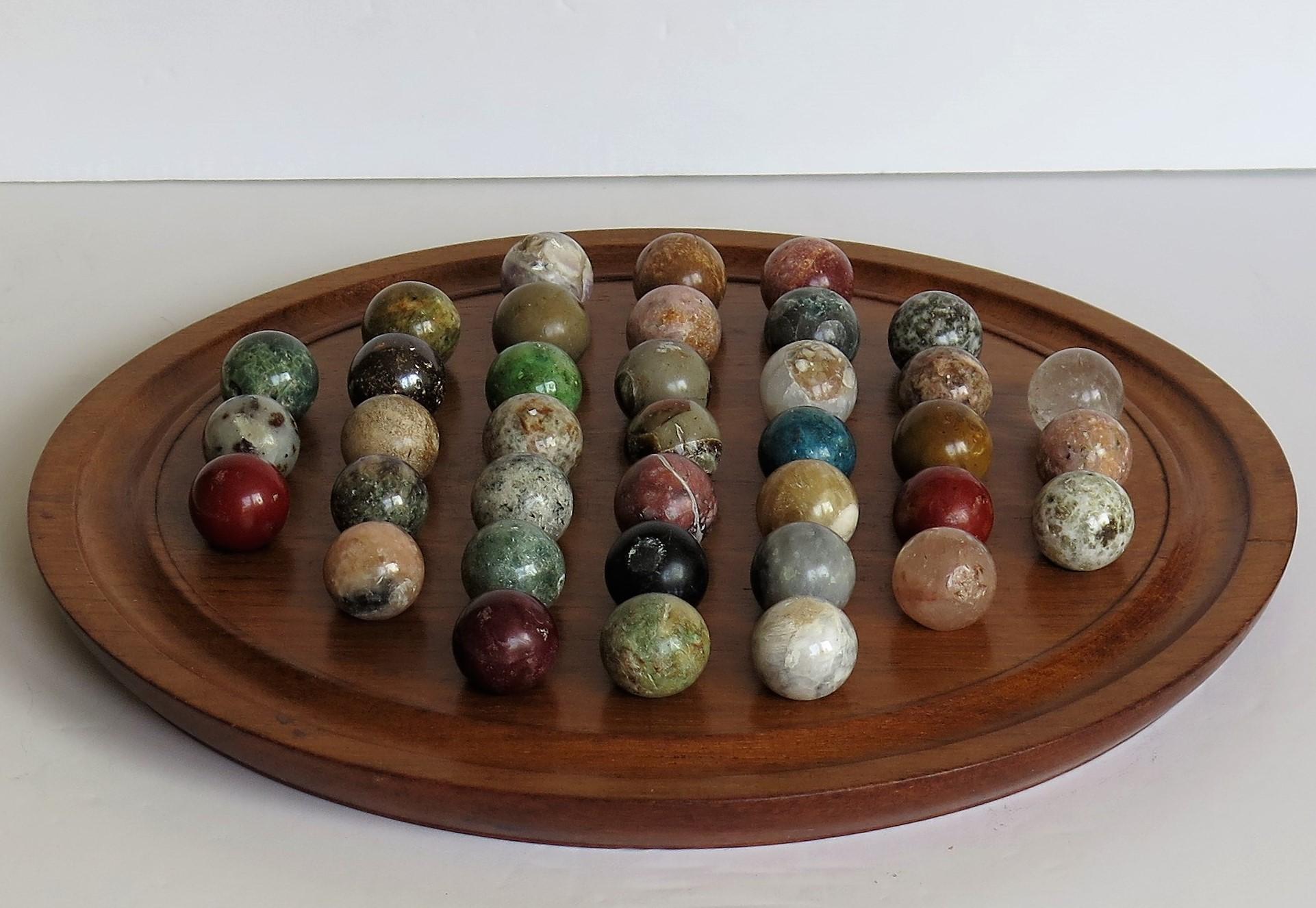European Fine Marble Solitaire Hardwood Board with 37 Agate Mineral Stone Marbles, French
