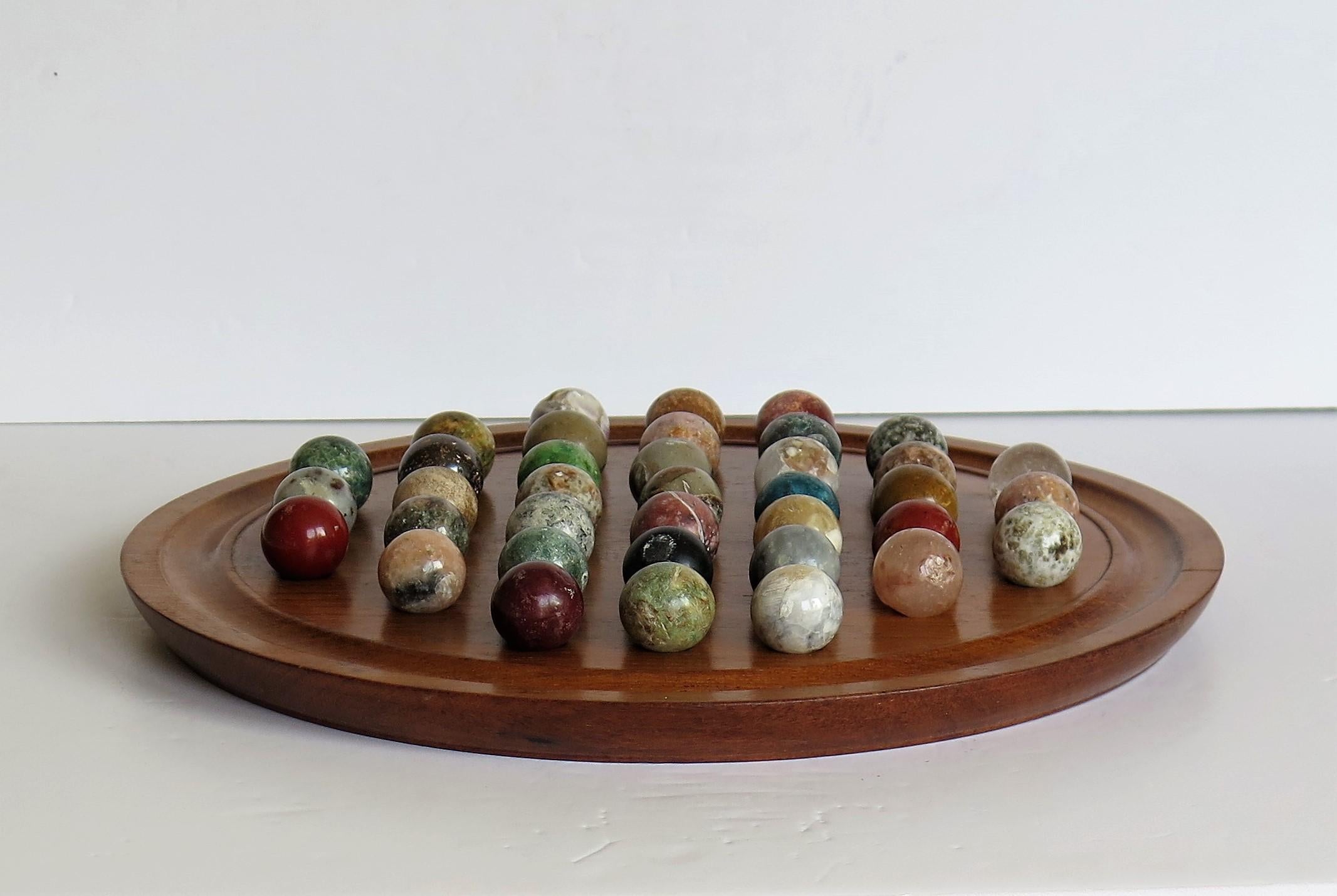 Hand-Crafted Fine Marble Solitaire Hardwood Board with 37 Agate Mineral Stone Marbles, French